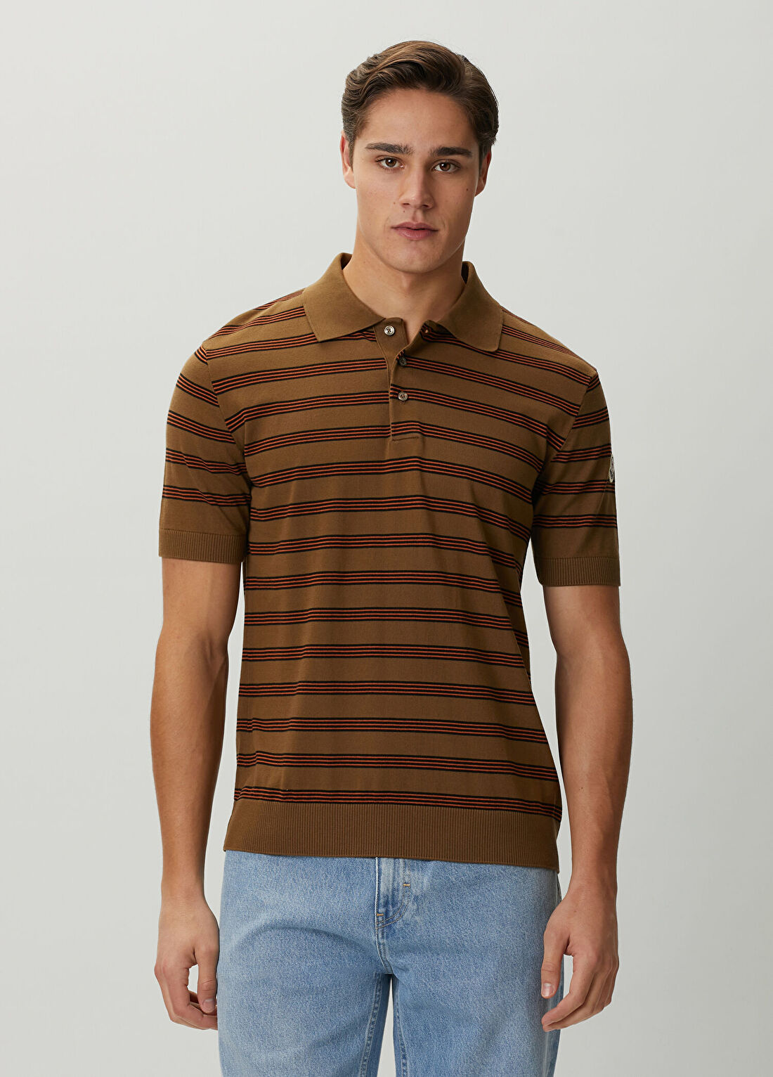 Moncler Kahverengi Polo Yaka Çizgili Kısa Kollu Triko