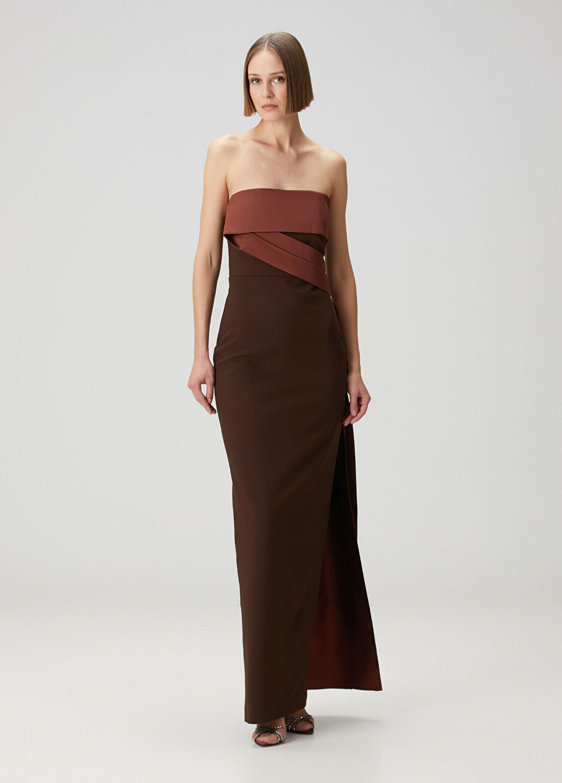 Roland Mouret Kahverengi Maksi Abiye Elbise görsel 3