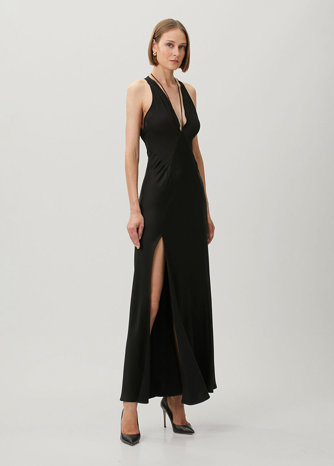 Victoria Beckham Panelled Siyah Maksi Krep Saten Abiye Elbise