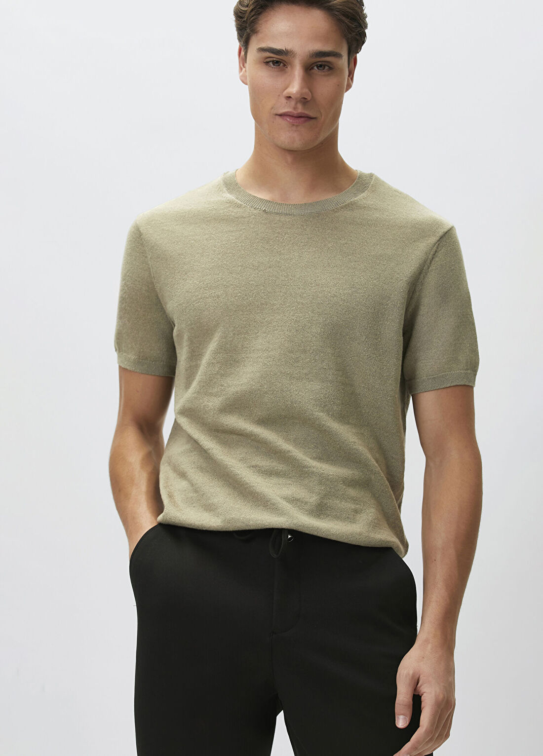 Network Slim Fit Açık Haki Keten Karışımlı Kazak