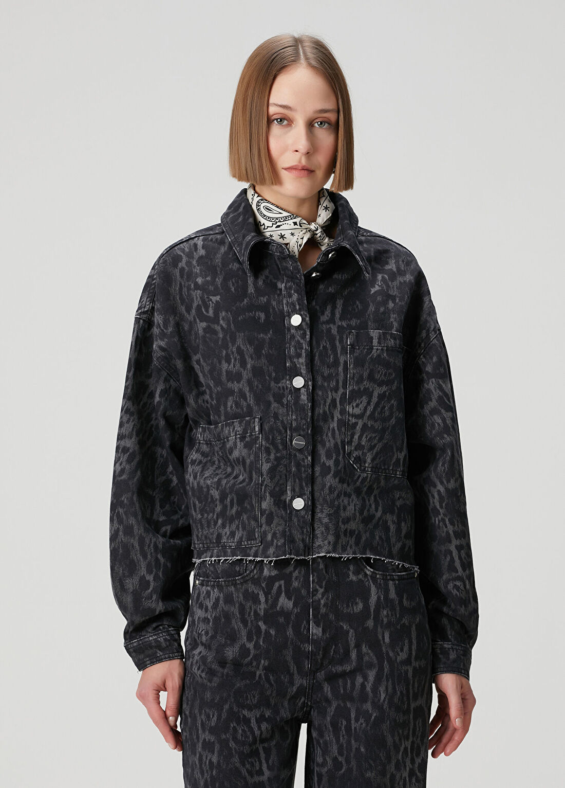 AllSaints Nicky Siyah Leopar Desenli Denim Ceket