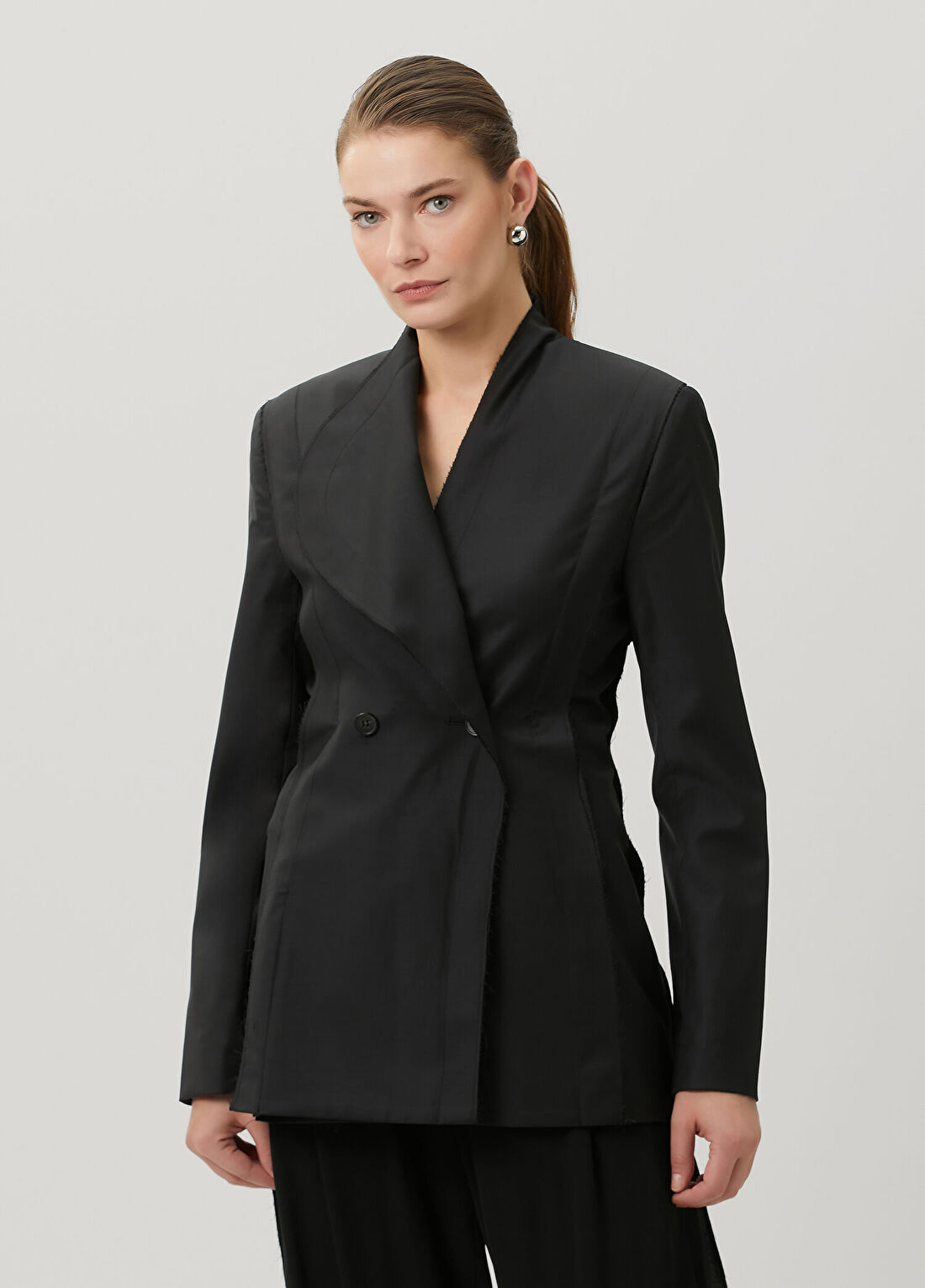 Litkovska Siyah Kruvaze Yün Blazer