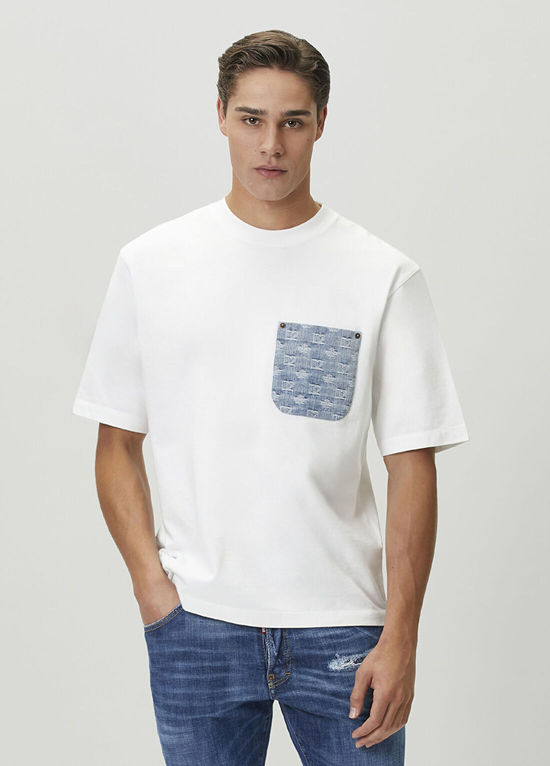 Dsquared2 Beyaz Logolu Denim Garnili T-shirt