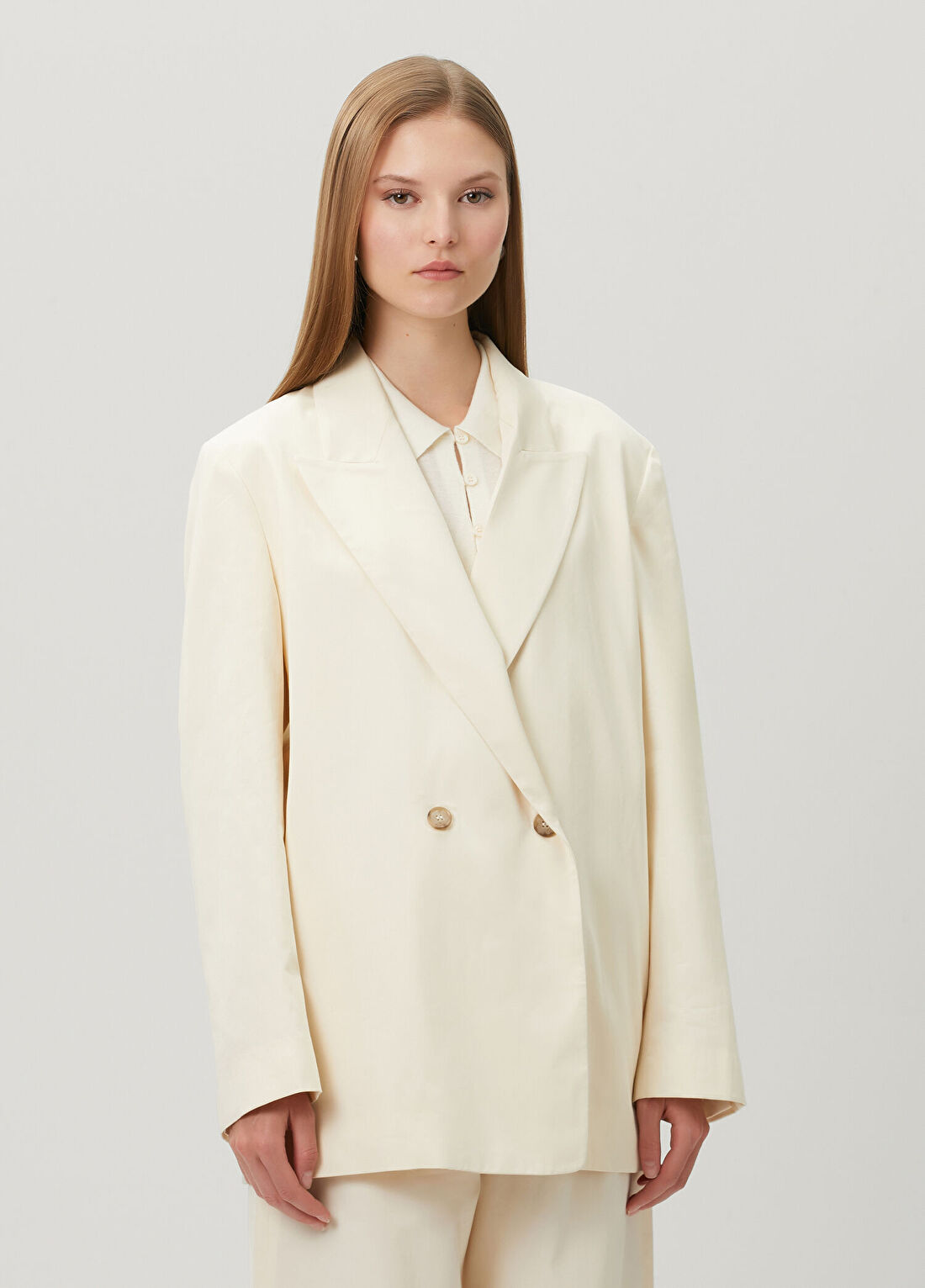 Frame Denim The Lounge Ekru Kruvaze Blazer görsel 3