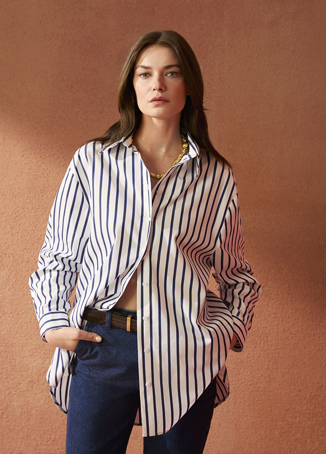 Beymen Collection Lacivert Beyaz Çizgili Poplin Gömlek