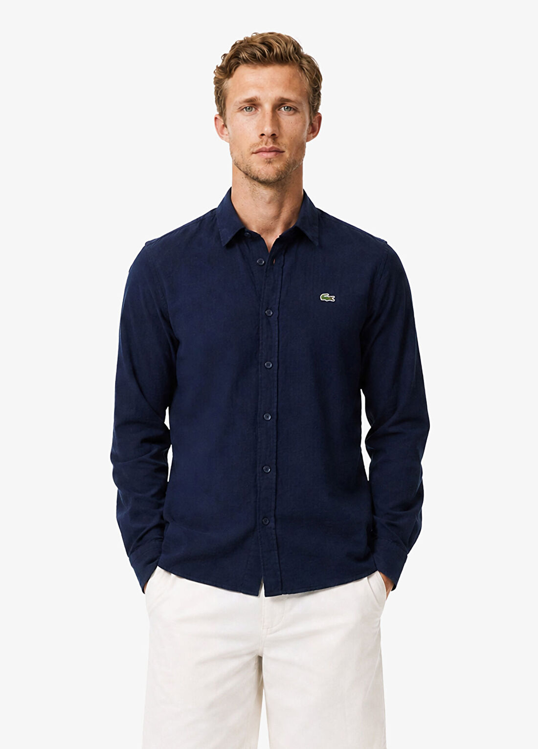 Lacoste Lacivert Pamuk Keten Düğmeli Yaka Regular Fit Uzun Kollu Erkek Gömlek