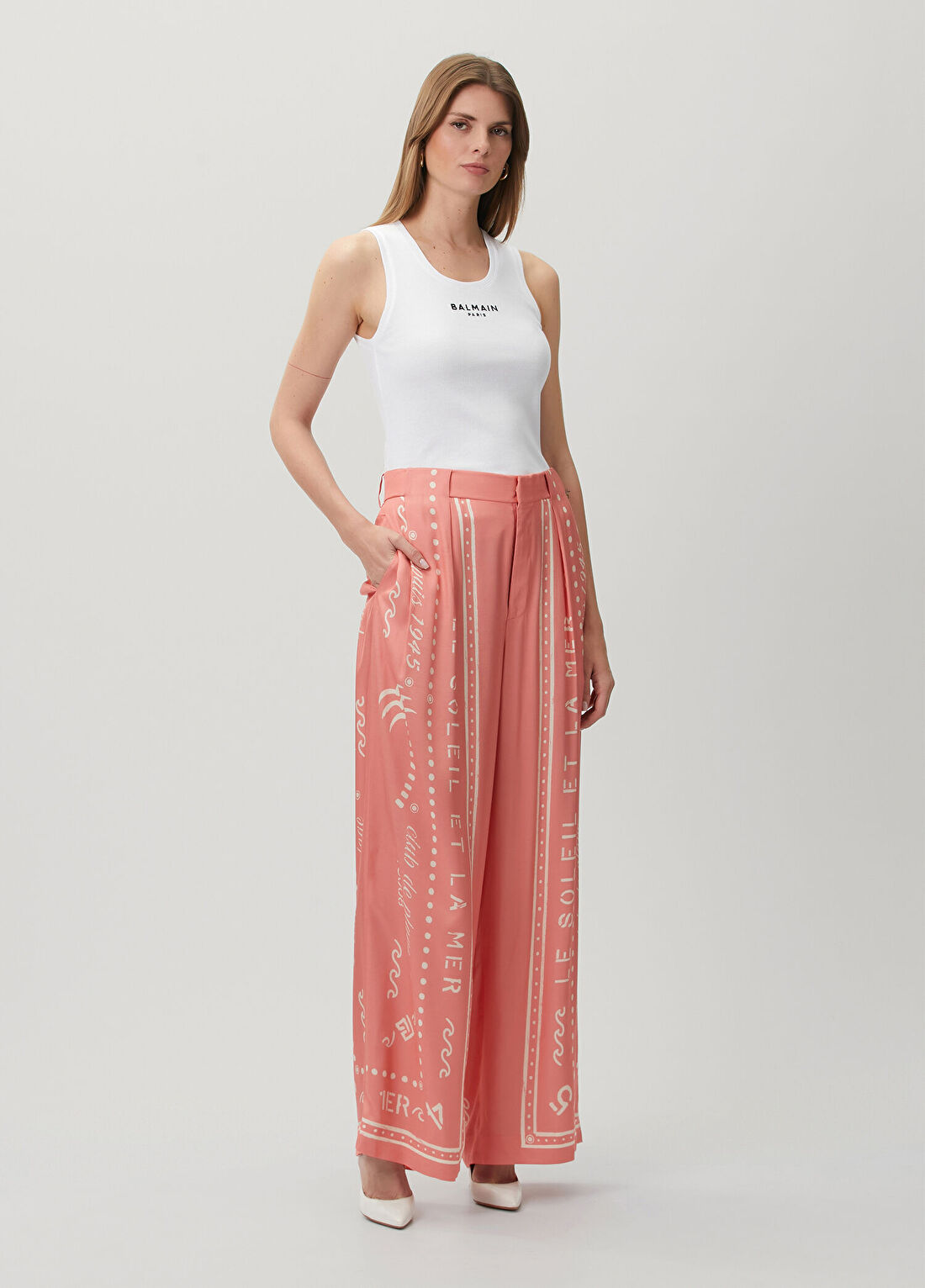 Balmain Pembe Baskılı Palazzo Pantolon