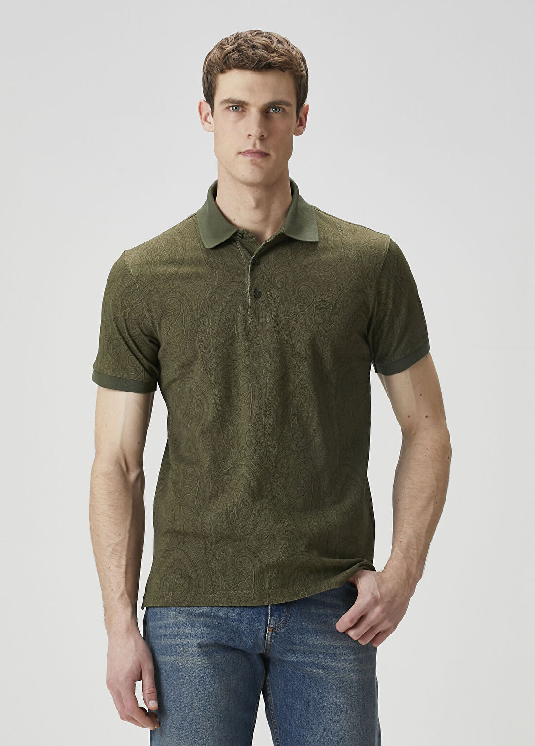 Etro Haki Polo Yaka Etnik Desenli T-shirt