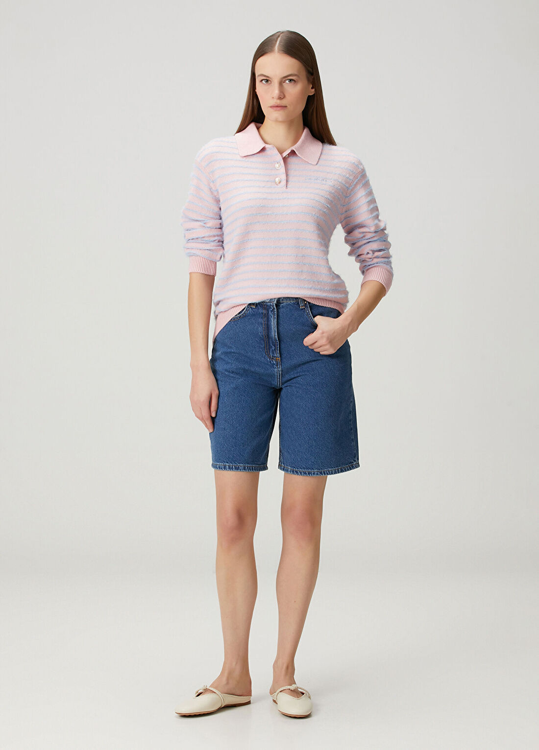 Casablanca Mavi Pembe Polo Yaka Yün Oversized Triko görsel 2