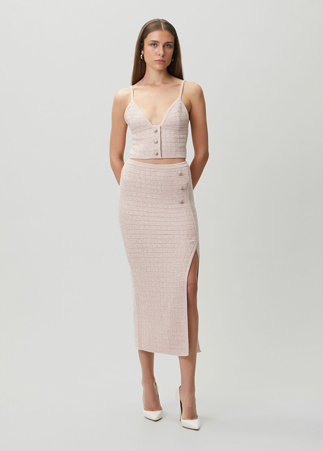 Alessandra Rich Pembe Payetli Midi Etek