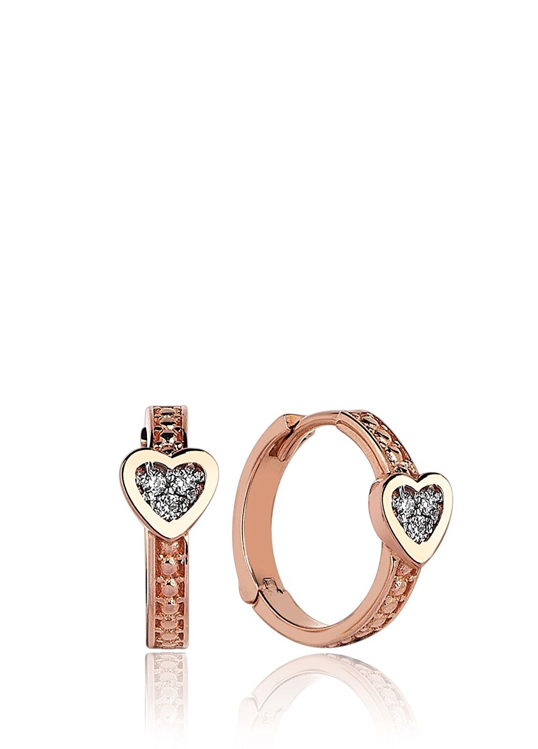 Reis Kuyumculuk Mini Debut Pırlanta Taşlı 14 Ayar Rose Gold Kadın Kalp Küpe