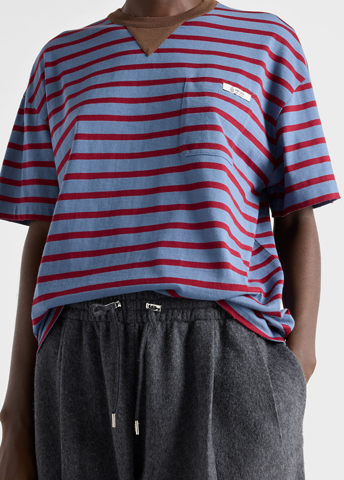 Prada Mavi Çizgili Jarse Kısa Kollu Kadın Oversize T-shirt görsel 4