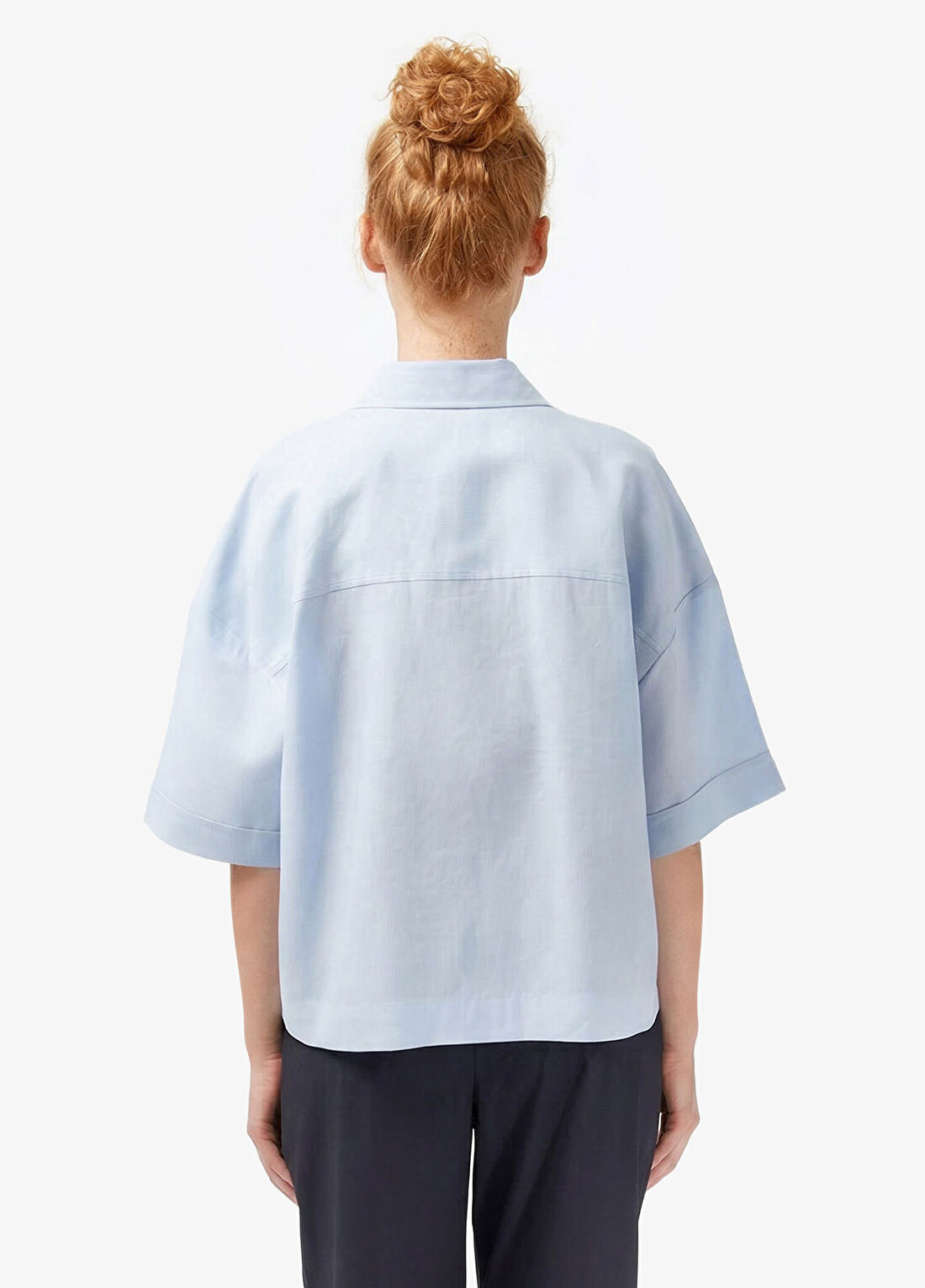 Lacoste Mavi Keten Relaxed Fit Truvakar Kollu Kadın Gömlek görsel 3
