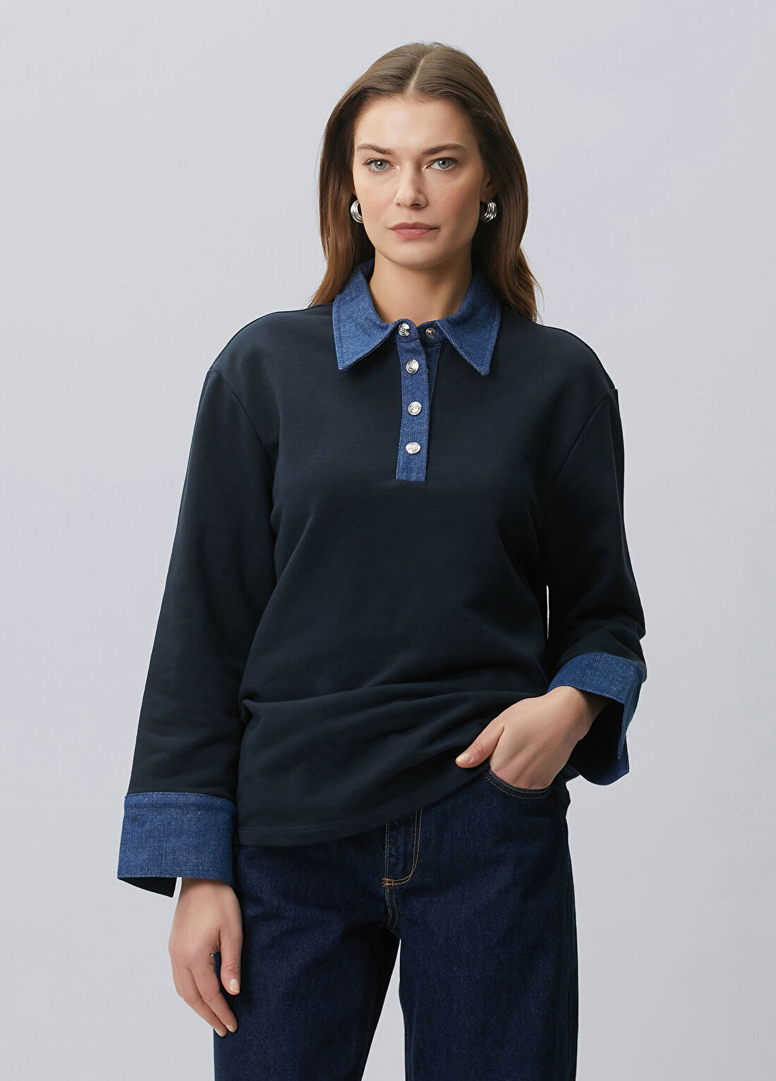Beymen Collection Lacivert Denim Garnili Polo Sweatshirt