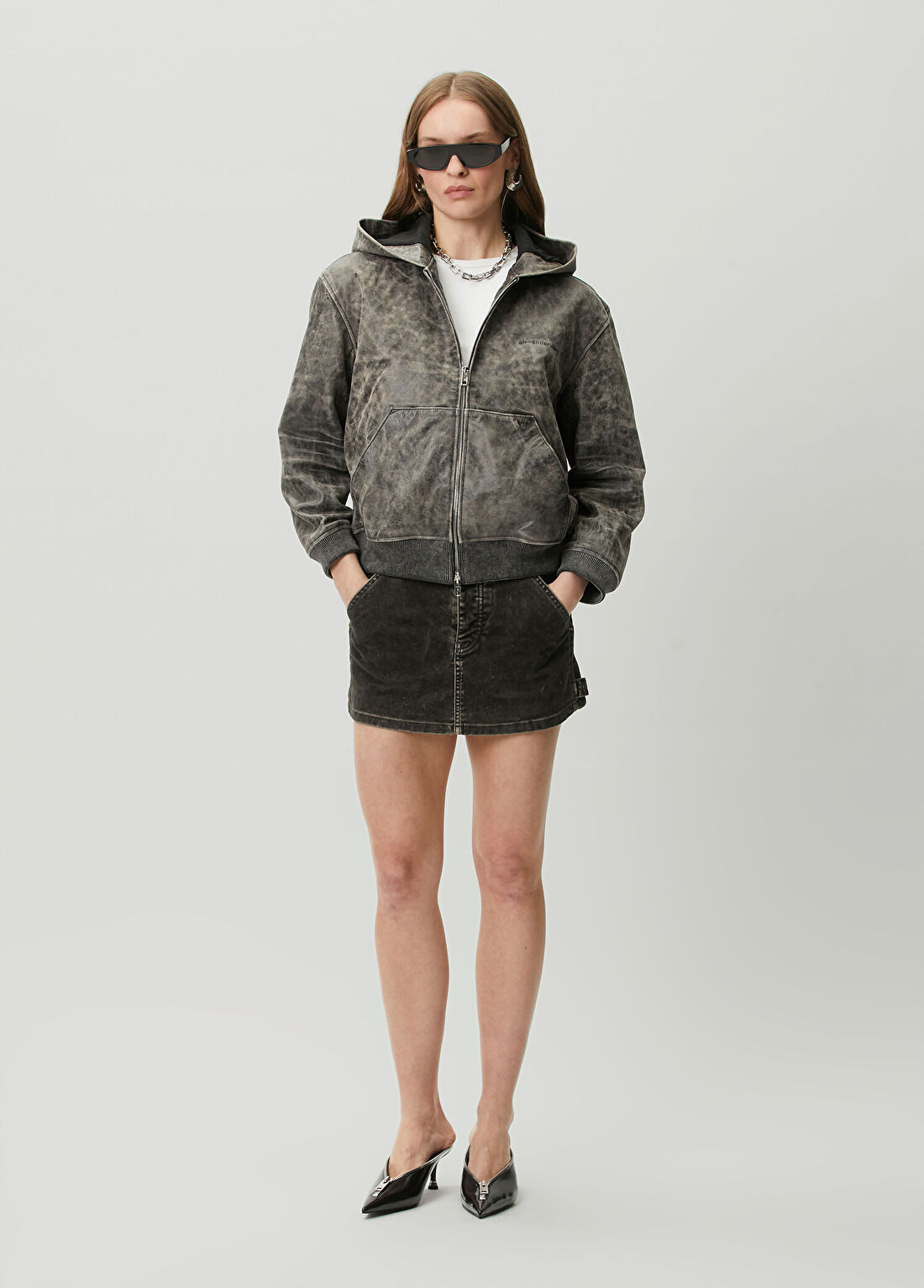 T by Alexander Wang Koyu Gri Mini Denim Etek