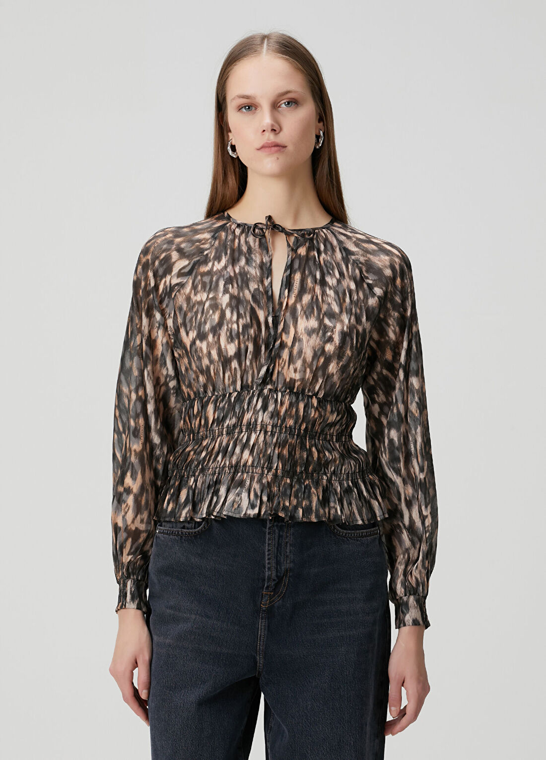 AllSaints Cern Kahverengi Leopar Desenli Bluz