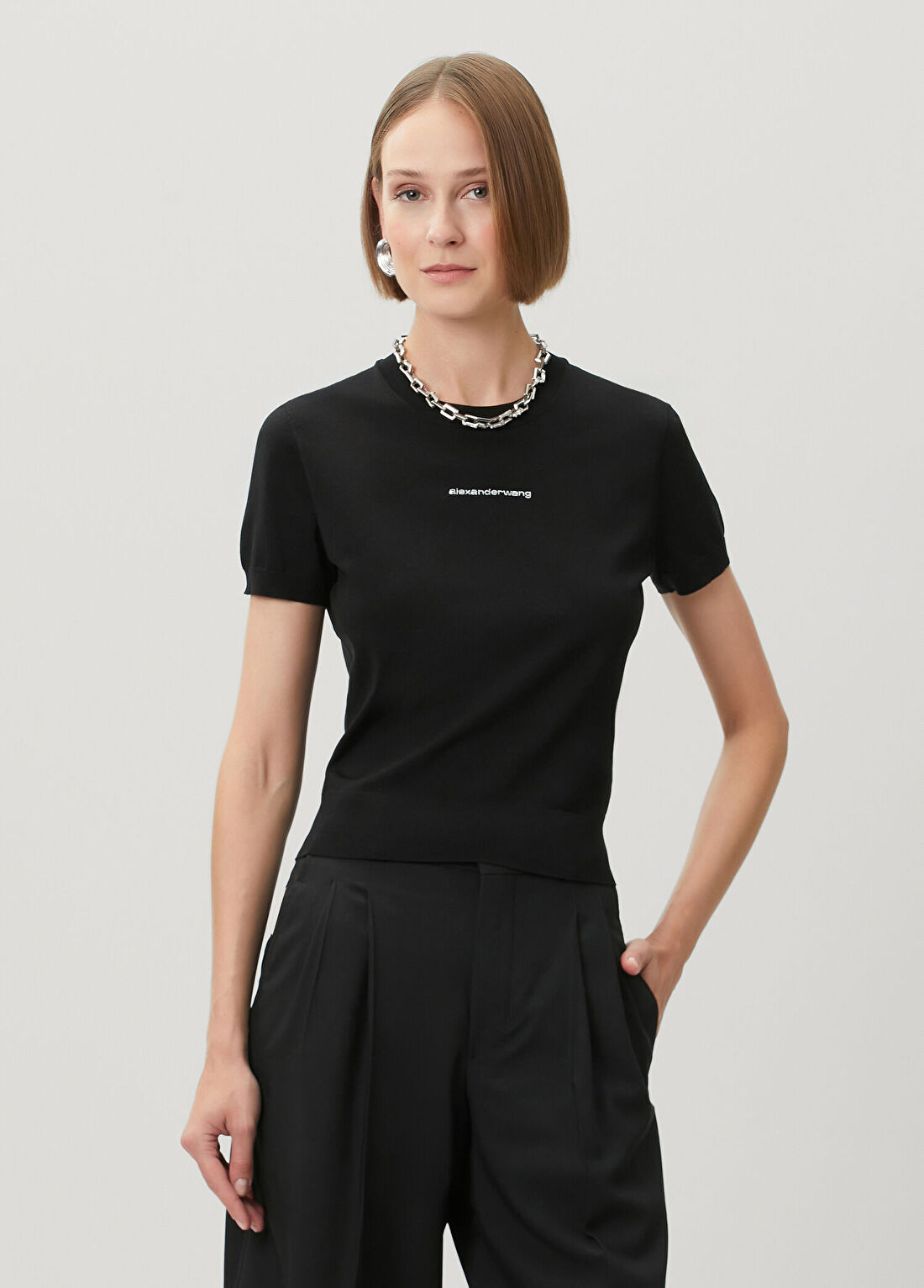 Alexander Wang Siyah Taşlı Logolu T-shirt