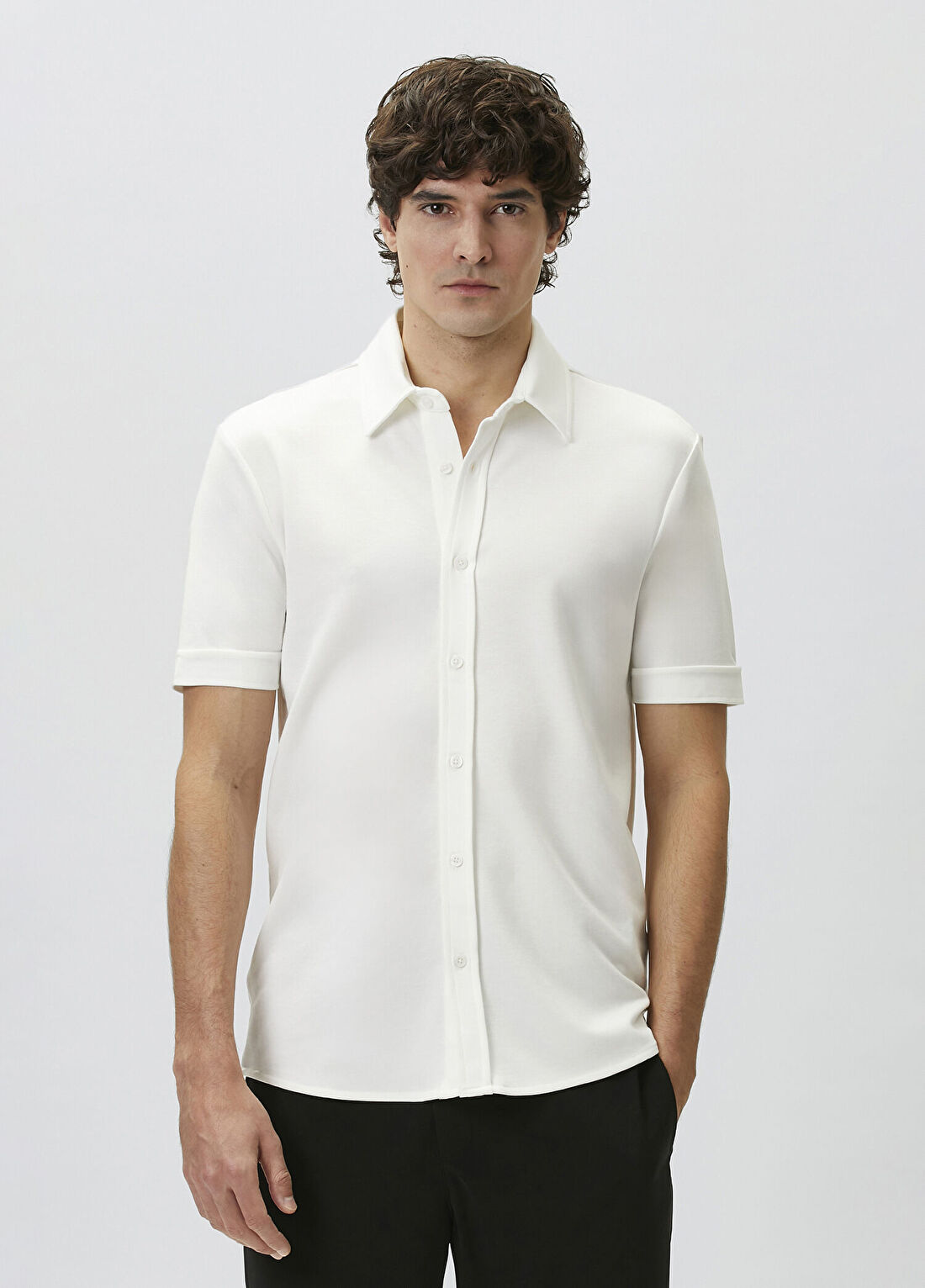 Network Slim Fit Kırık Beyaz Kısa Kol Örme Gömlek görsel 4