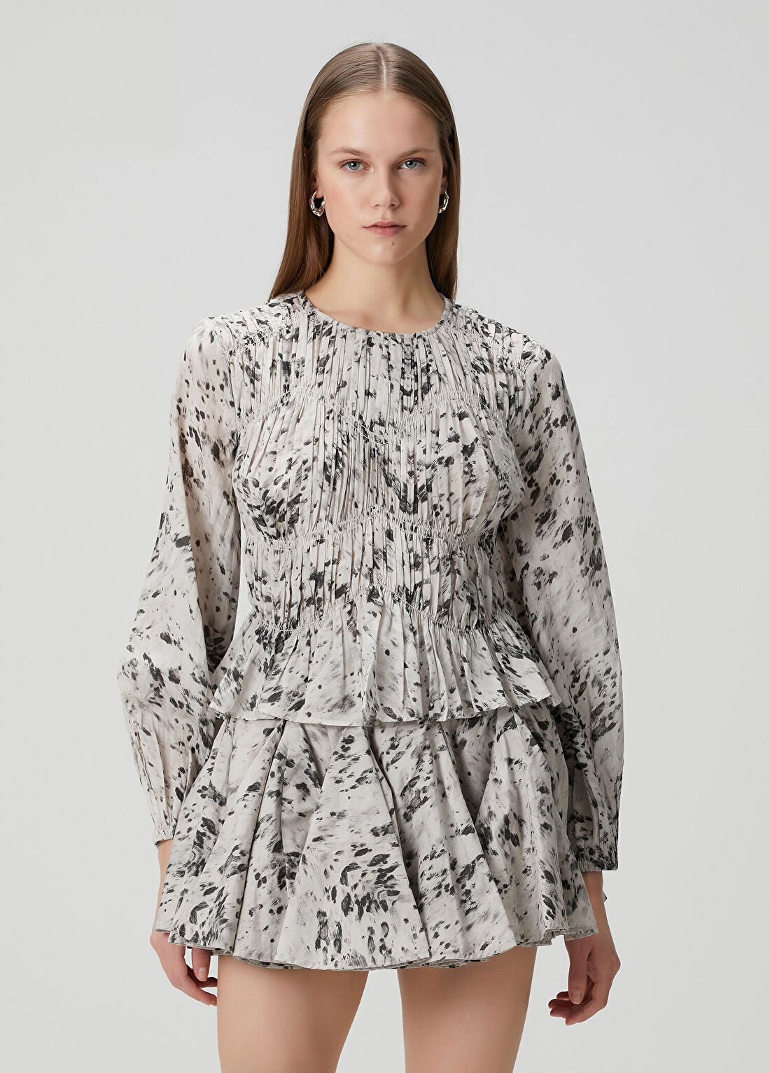 AllSaints Melani Ekru Siyah Desenli Bluz