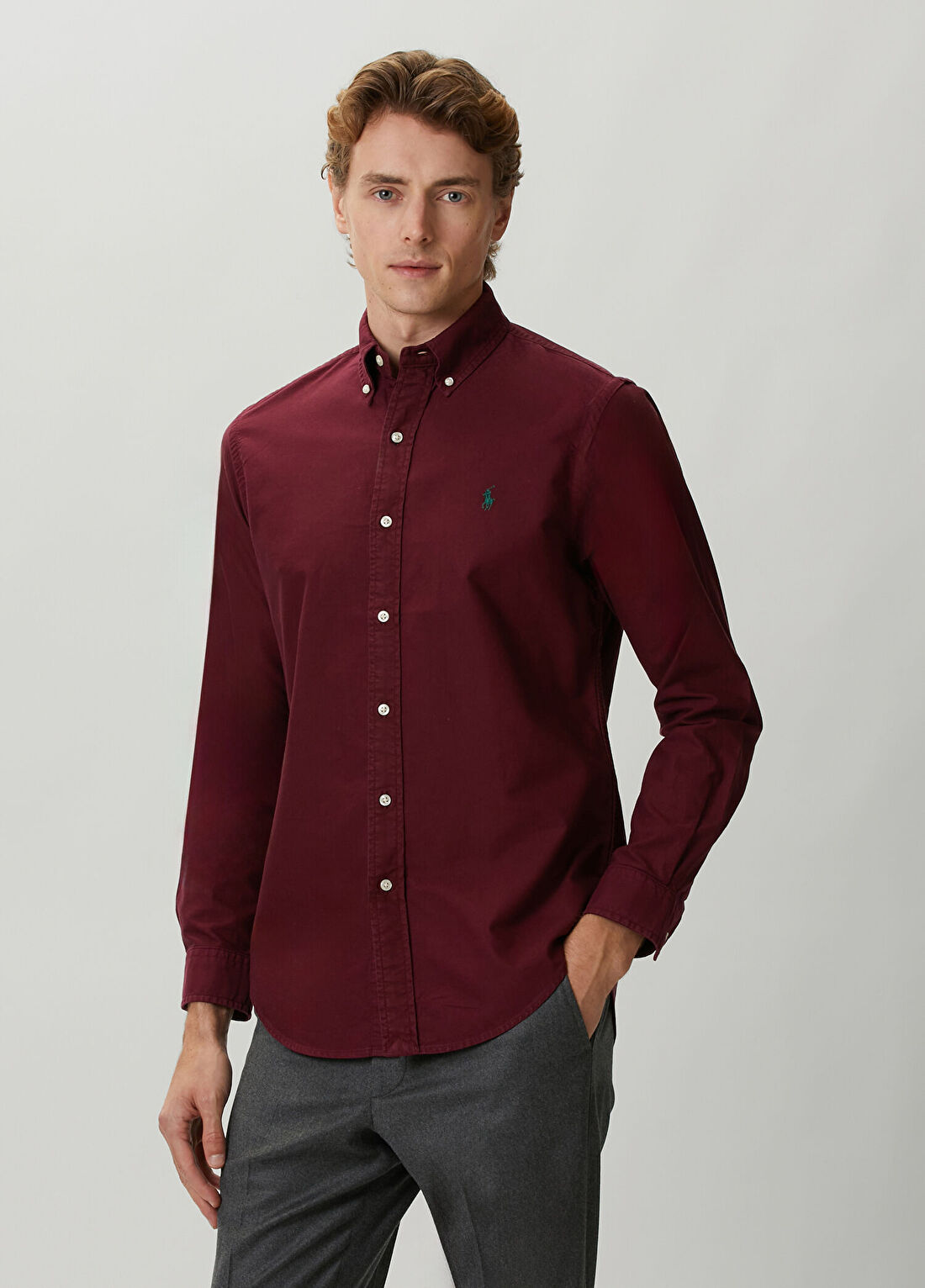 Polo Ralph Lauren Slim Fit Koyu Kırmızı Oxford Gömlek görsel 3