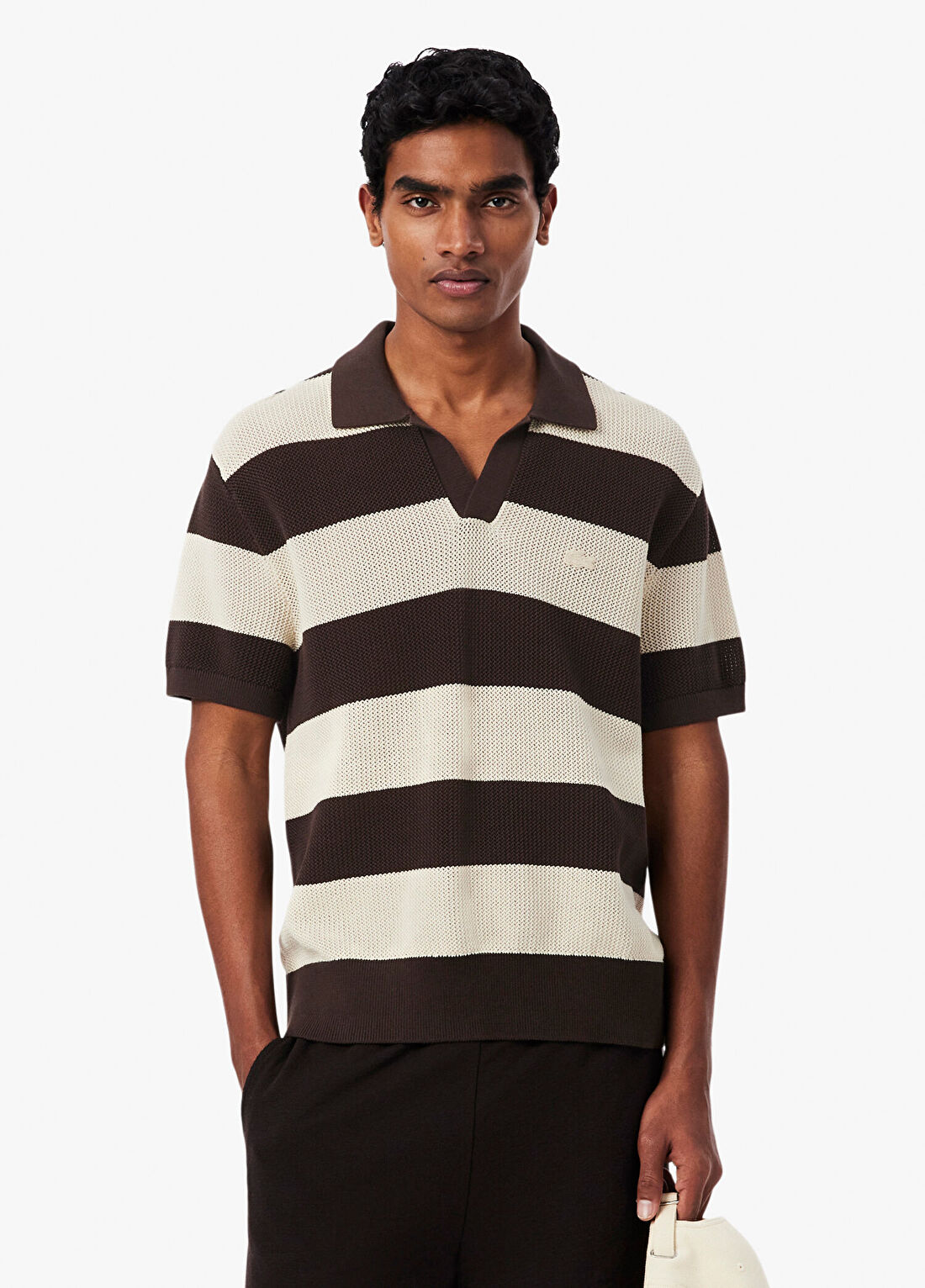 Lacoste Kahverengi Çizgili Classic Fit Polo Yaka Kısa Kollu Erkek Triko Kazak