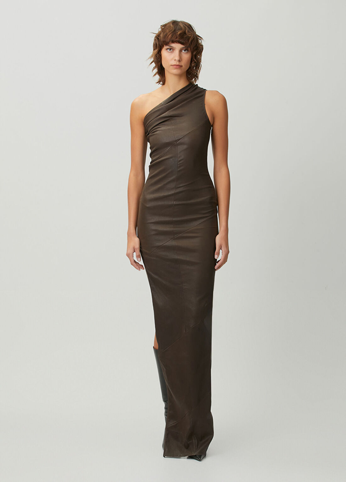 Rick Owens Kahve Gri Maxi Deri Elbise