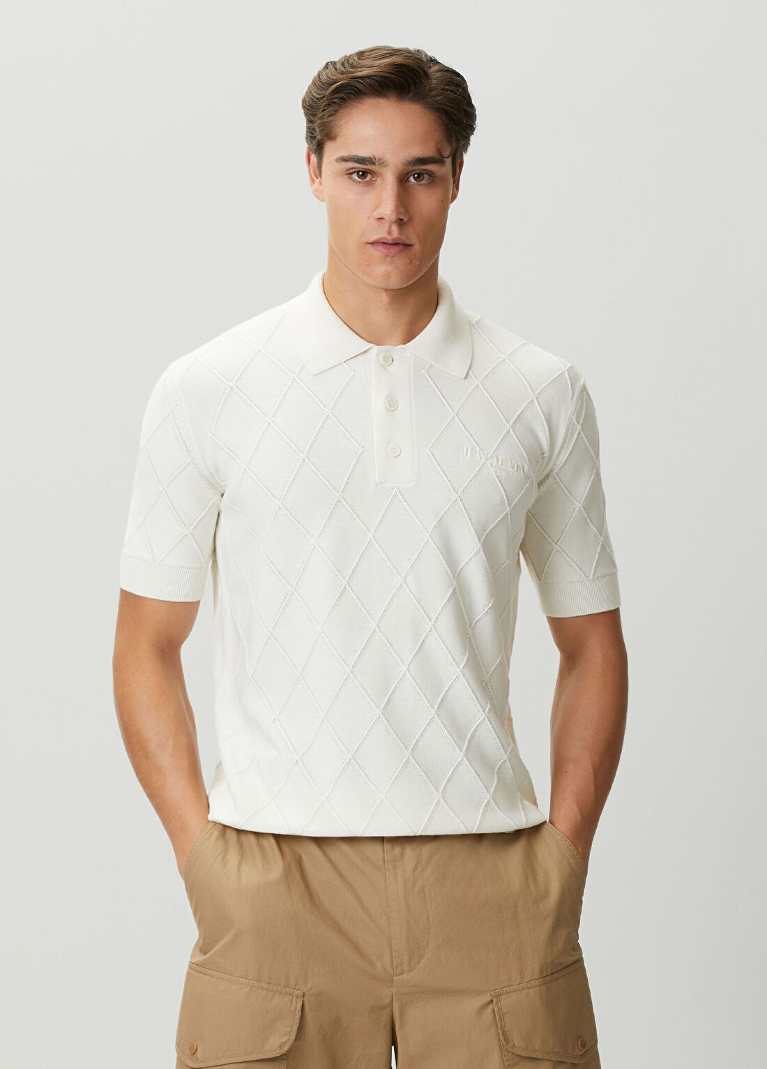 Balmain Beyaz Polo Yaka Jakarlı Kısa Kollu Triko