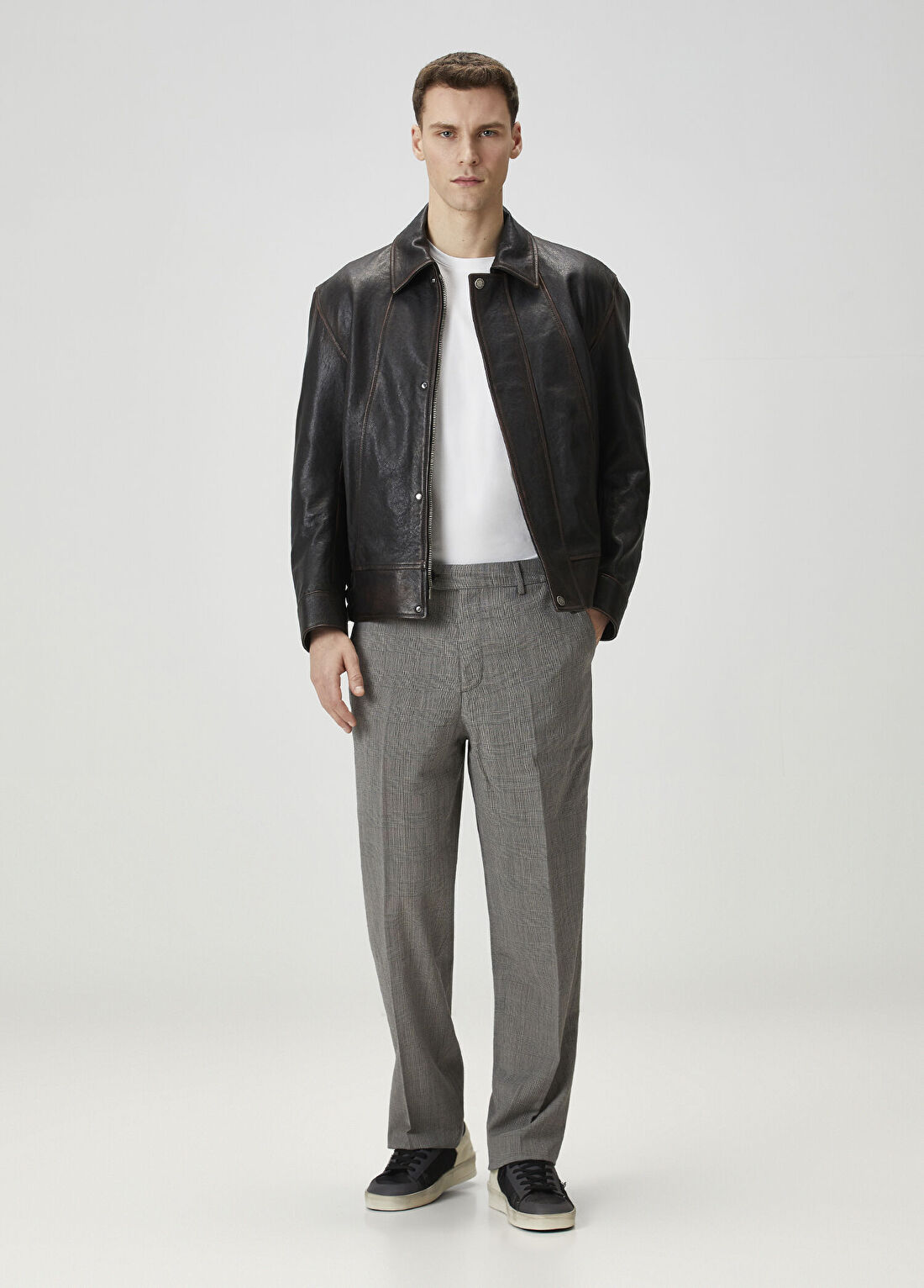 Golden Goose Slim Fit Gri Ekose Desenli Yün Pantolon