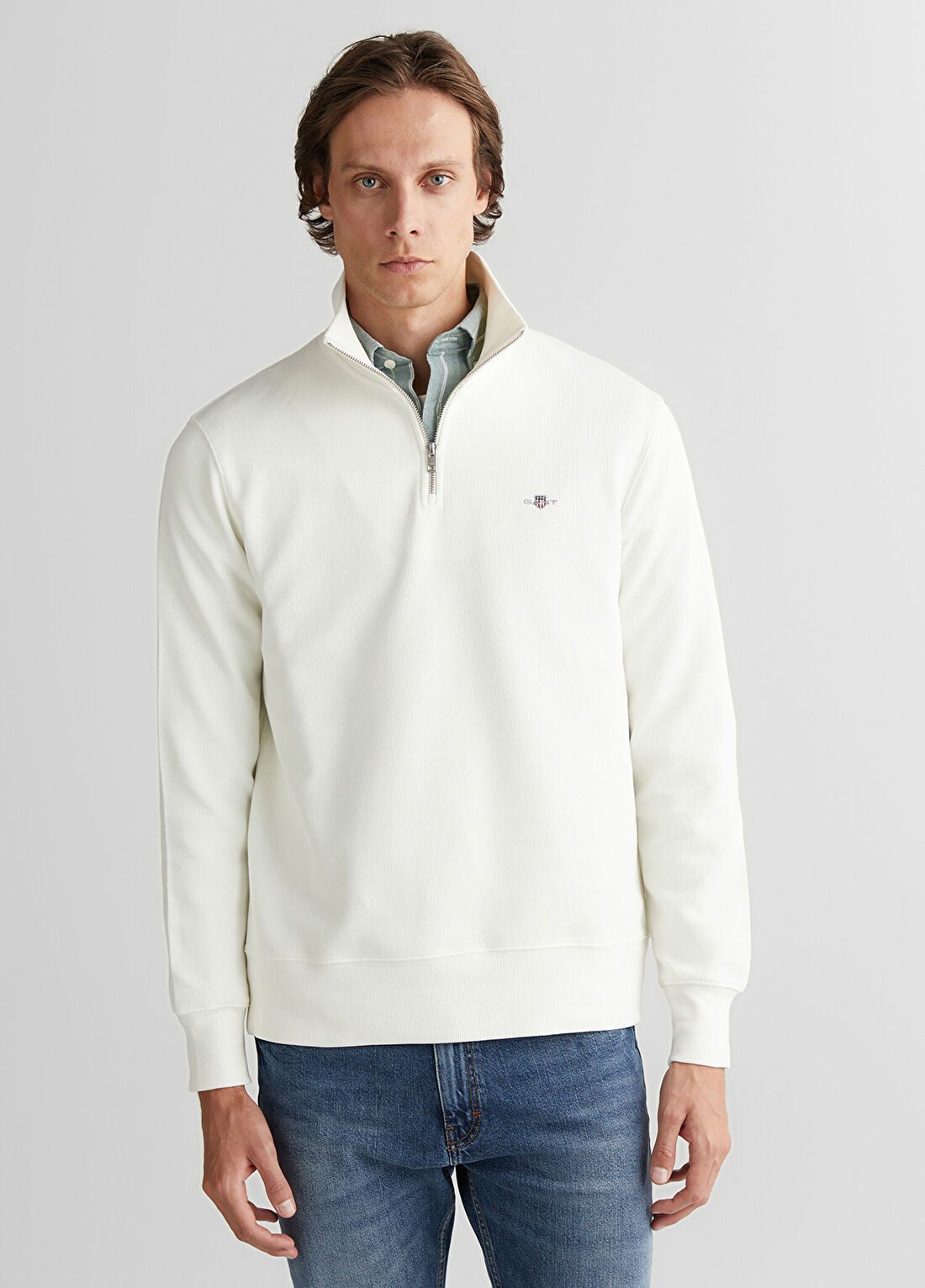 Gant Beyaz Regular Fit Yarım Fermuarlı Erkek Sweatshirt