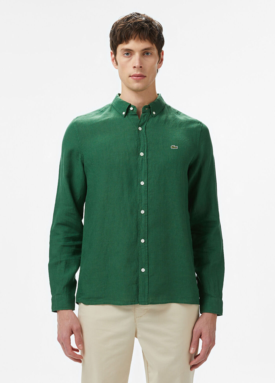 Lacoste Koyu Yeşil Keten Düğmeli Yaka Regular Fit Uzun Kollu Erkek Gömlek