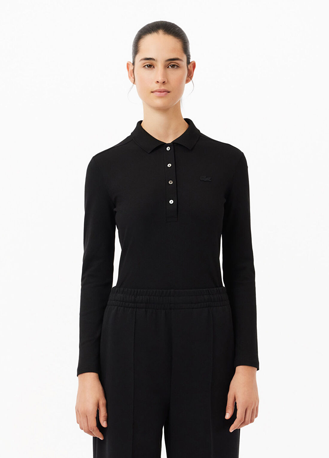 Lacoste Siyah Polo Yaka Slim Fit Uzun Kollu Kadın T-shirt