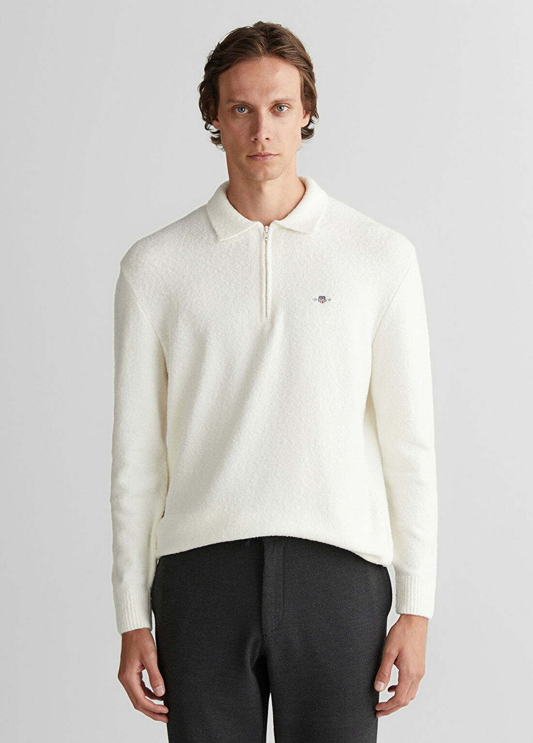 Gant Beyaz Relaxed Fit Fermuarlı Erkek Triko Kazak