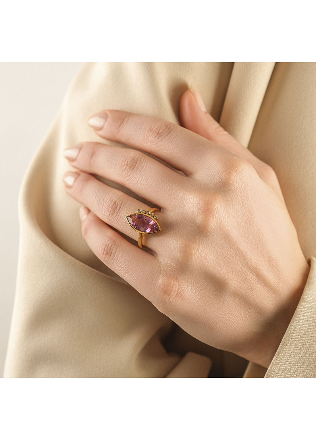 Aspendos Jewellery Markiz Turmalin 18 Ayar Altın Kadın Pırlanta Yüzük görsel 2