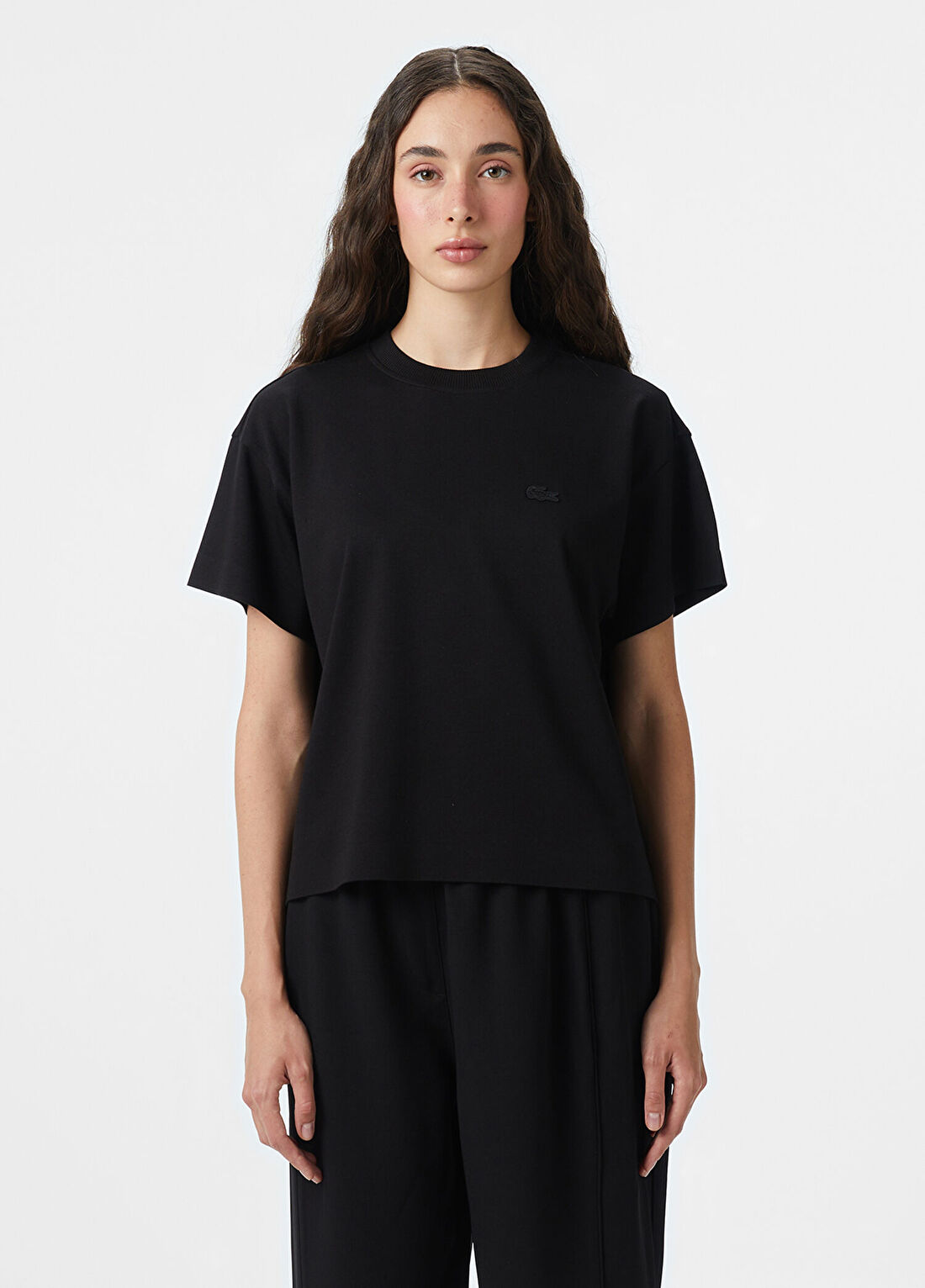 Lacoste Siyah Loose Fit Bisiklet Yaka Kadın T-Shirt