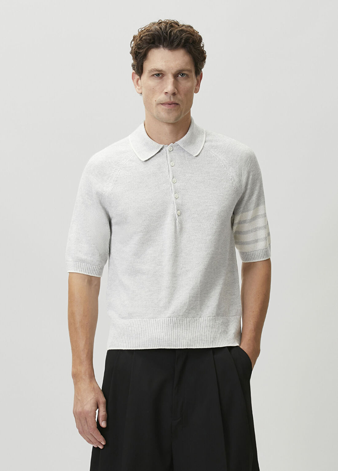 Thom Browne Gri Polo Yaka Kısa Kollu Keten Triko