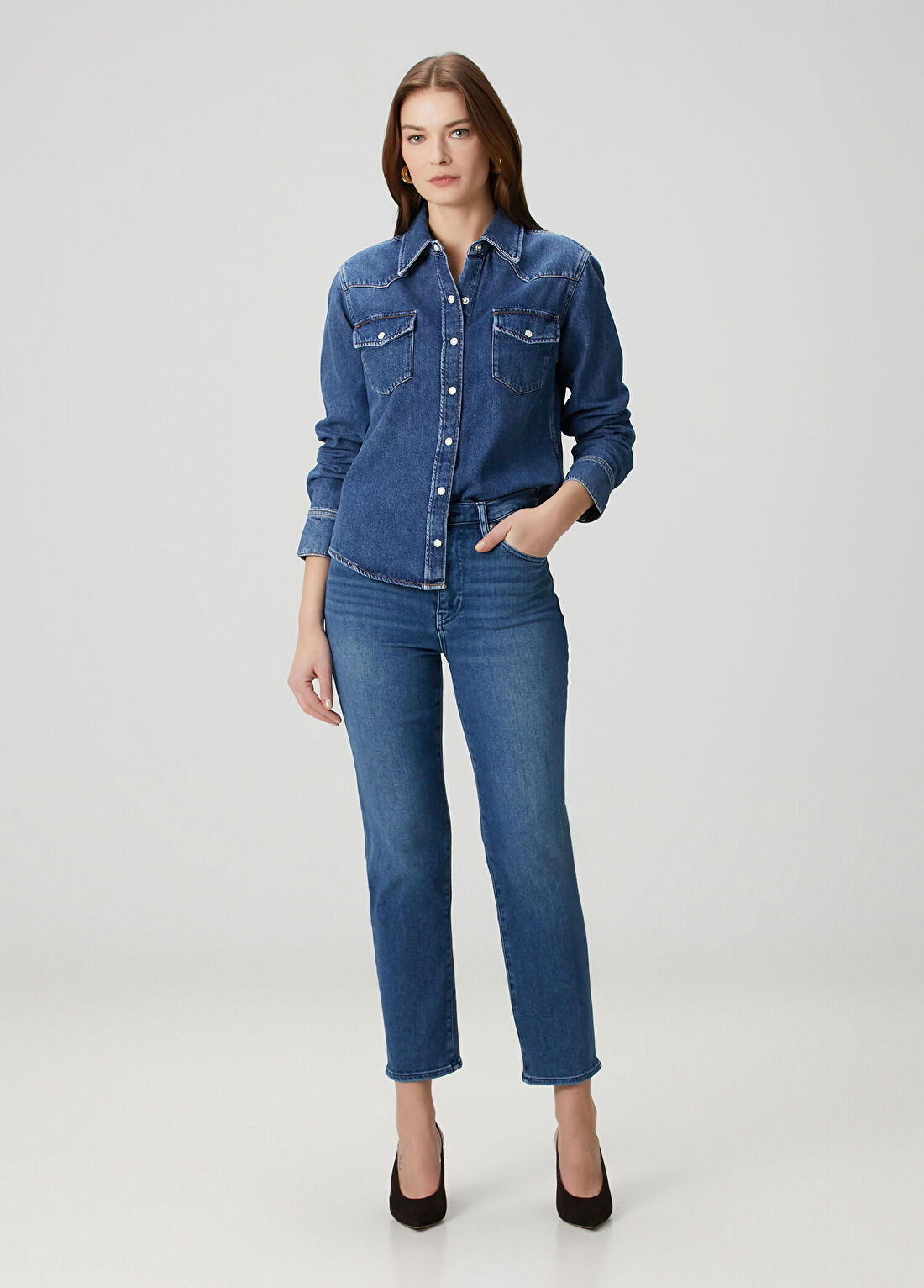 Frame Denim Classic Mavi Denim Gömlek görsel 2