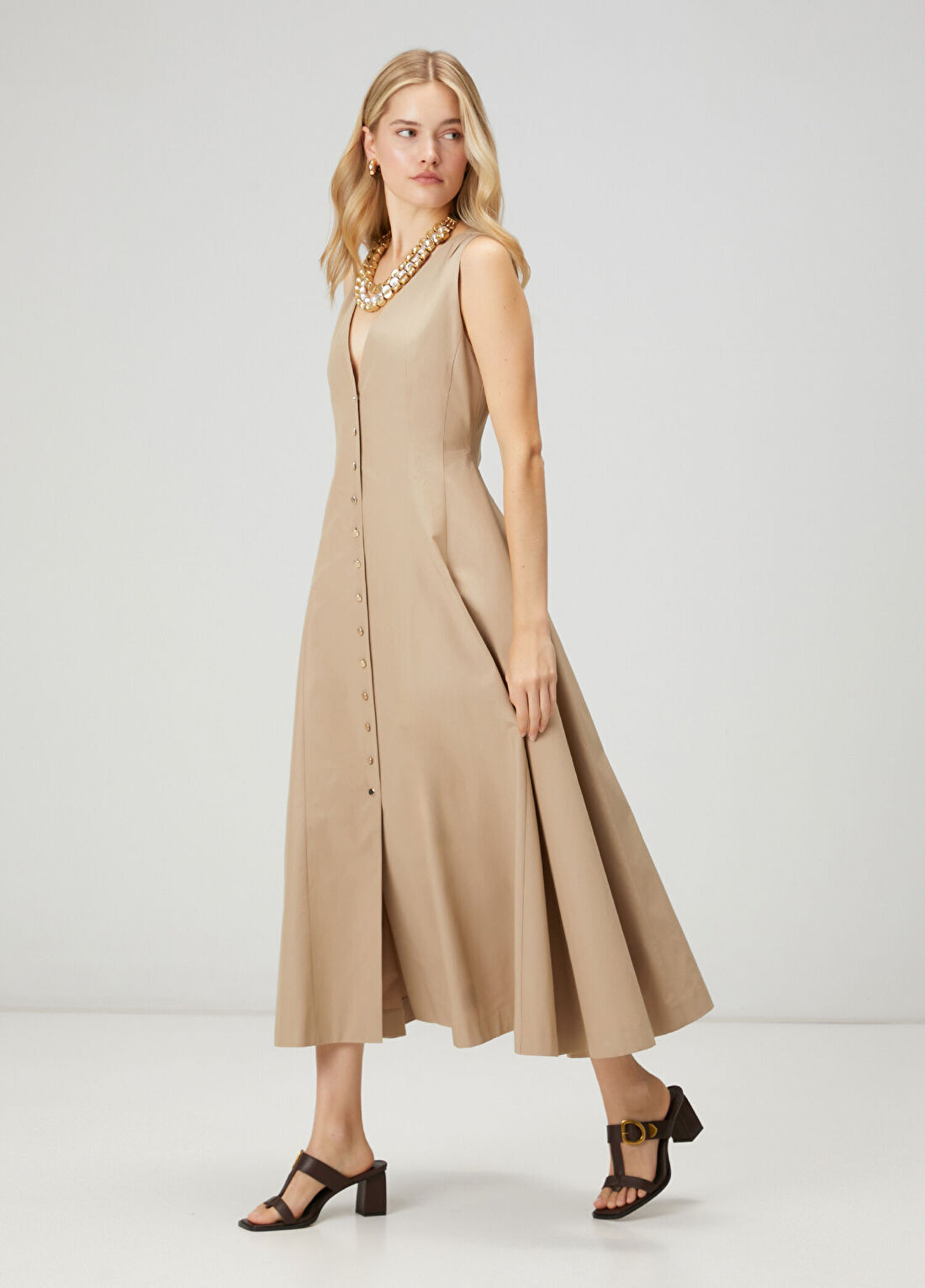 Beymen Club Bej Midi Kloş Elbise görsel 3