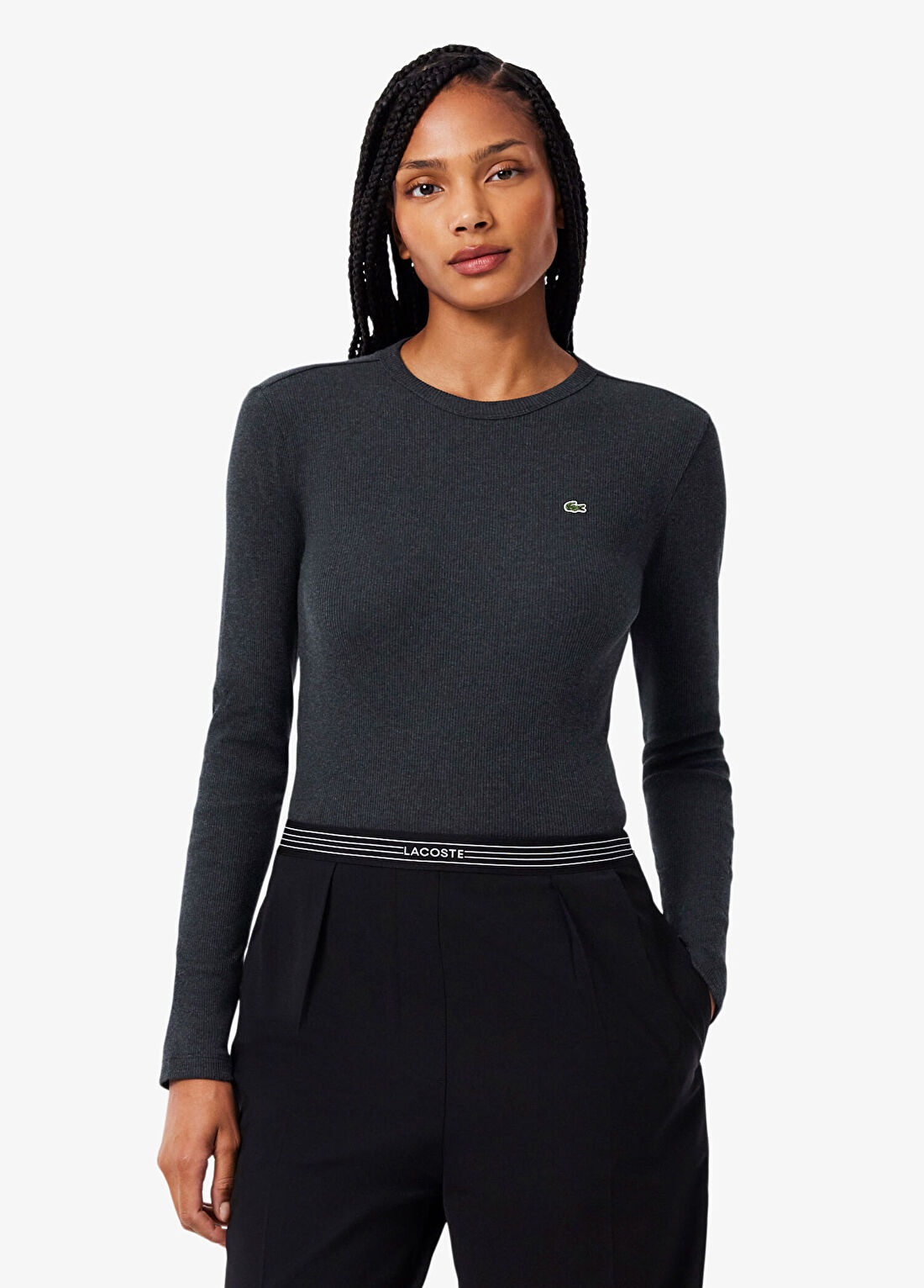 Lacoste Gri Bisiklet Yaka Slim Fit Uzun Kollu Kadın T-Shirt