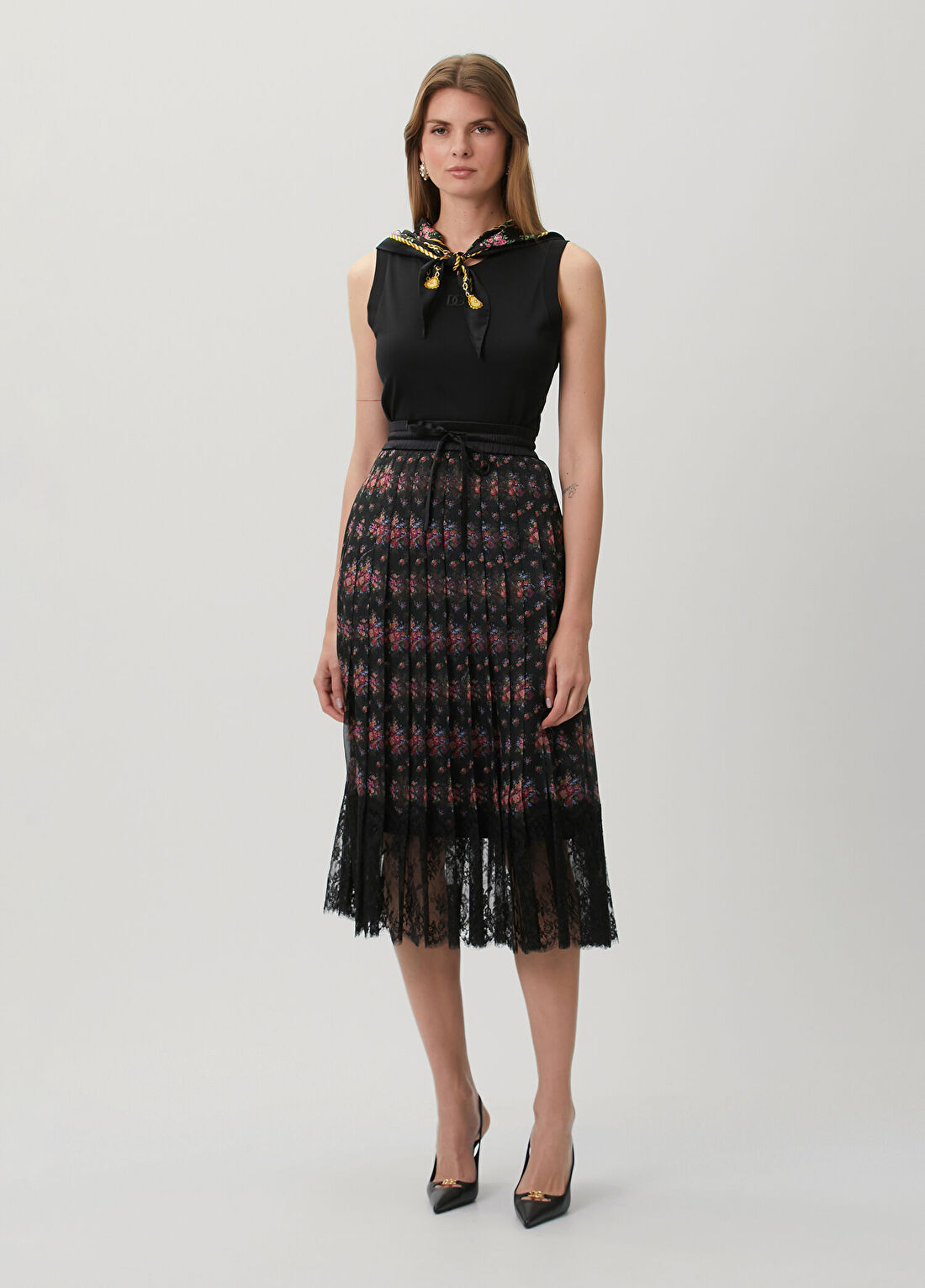 Dolce&Gabbana Siyah Çiçekli Midi Şifon Etek