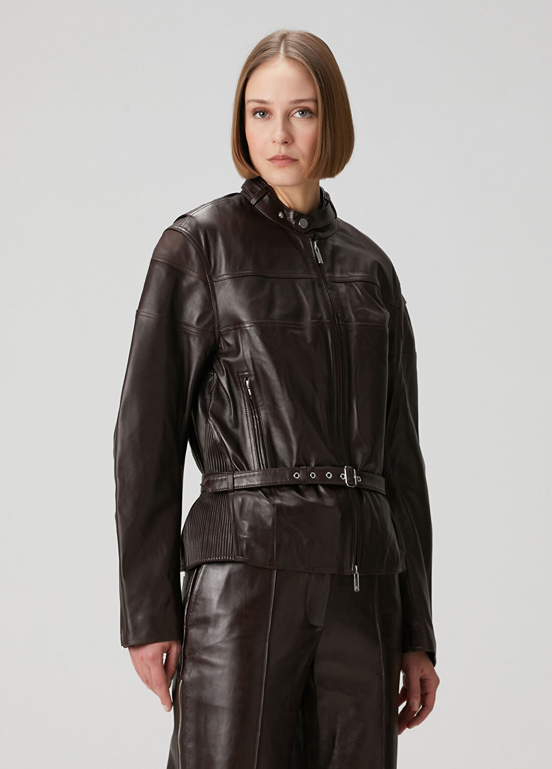 Helmut Lang Koyu Kahverengi Bomber Deri Ceket