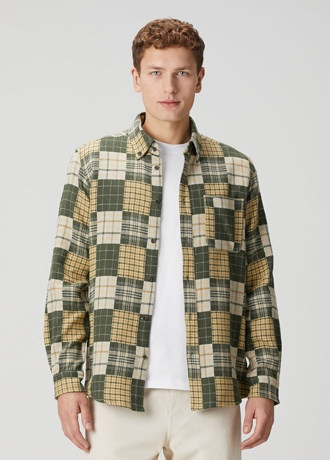 Les Deux Kent Haki Bej Patchwork Ekose Desenli Gömlek