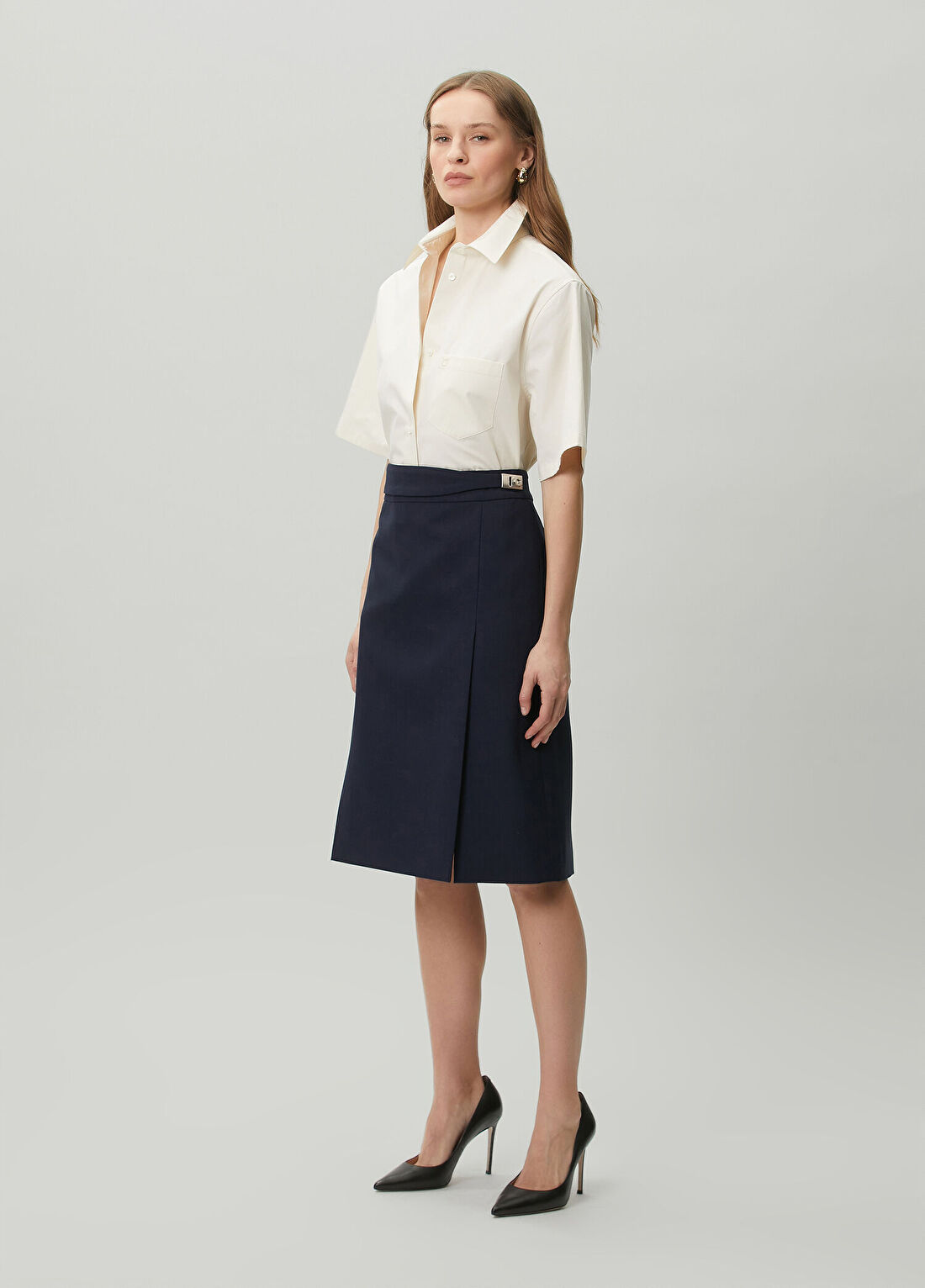 Ferragamo Lacivert Midi Yün Etek