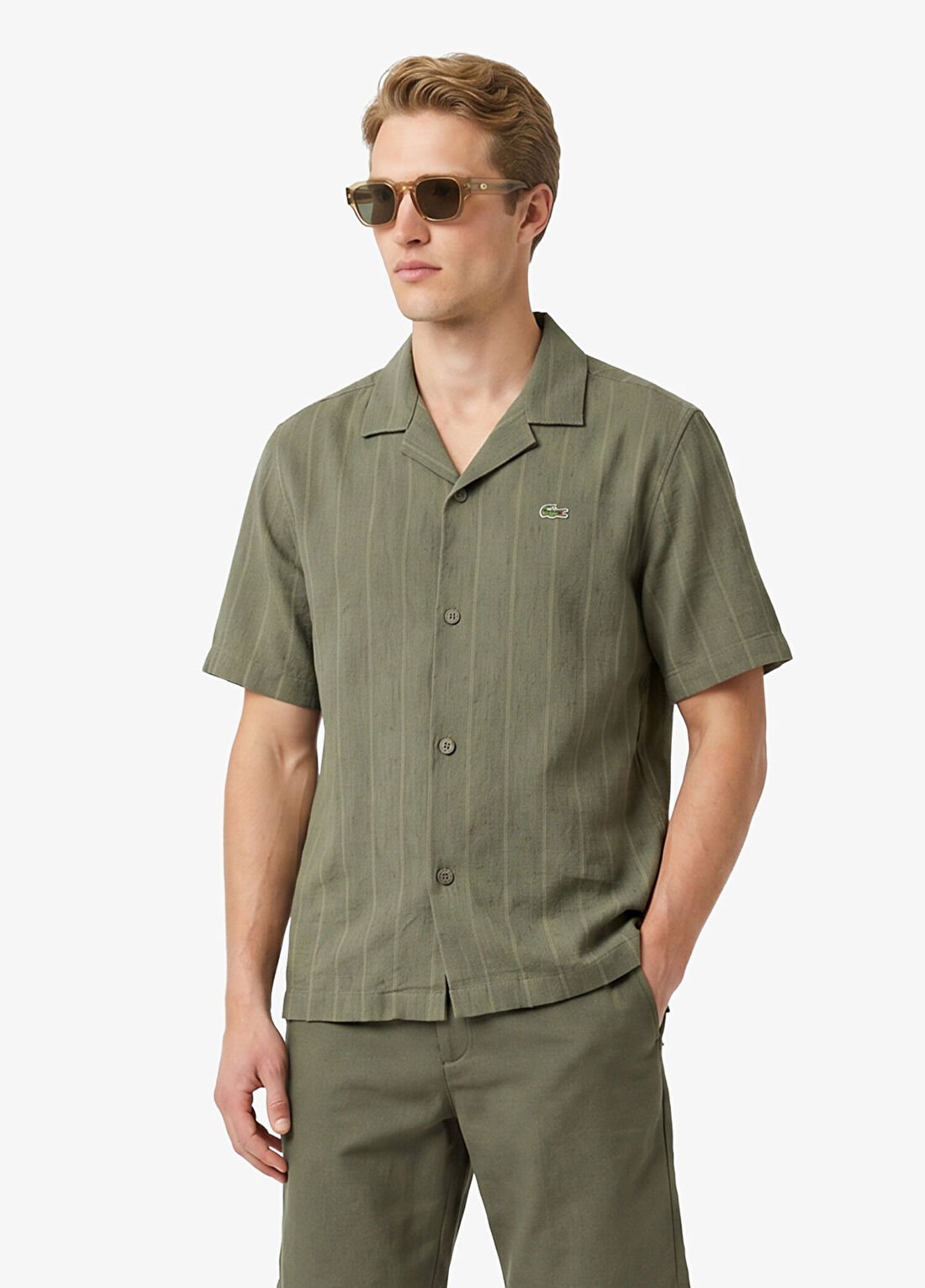Lacoste Haki Çizgili Pamuklu Relaxed Fit Kısa Kollu Erkek Gömlek