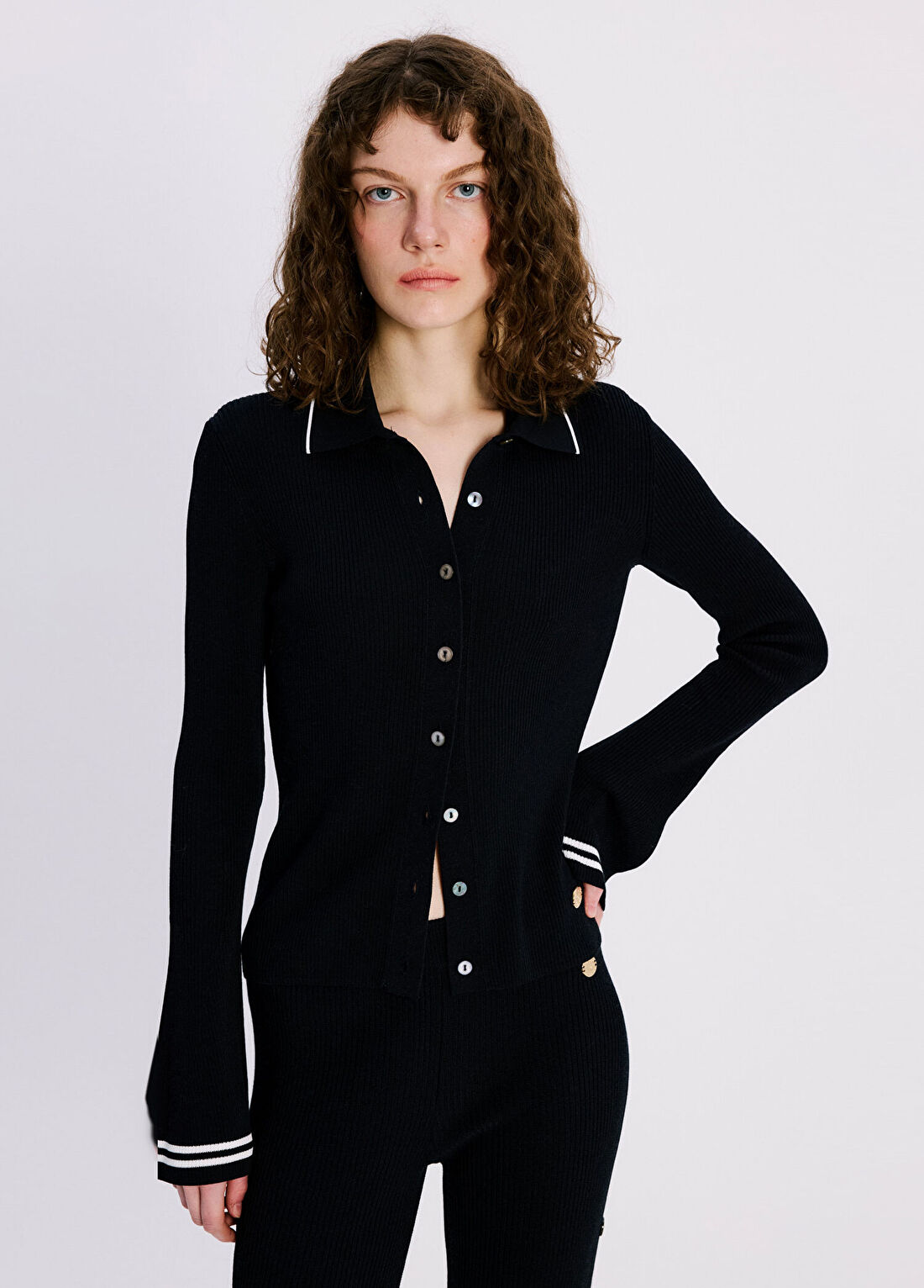 Atelier38 Paris Nervürlü Polo Yaka Uzun Kollu Kadın Bluz