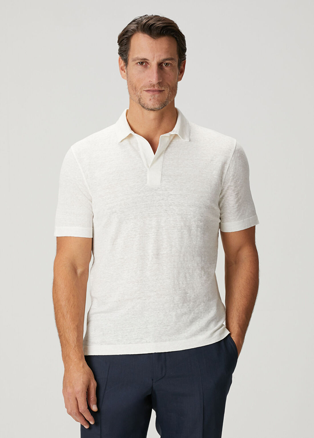 Canali Beyaz Polo Yaka Keten T-shirt