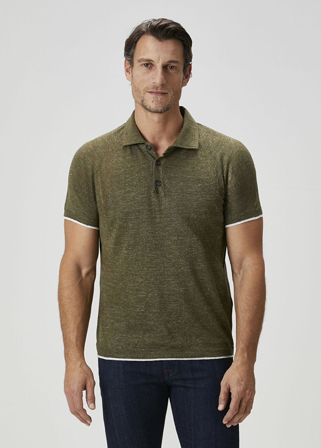 Kiton Yeşil Polo Yaka Keten T-shirt