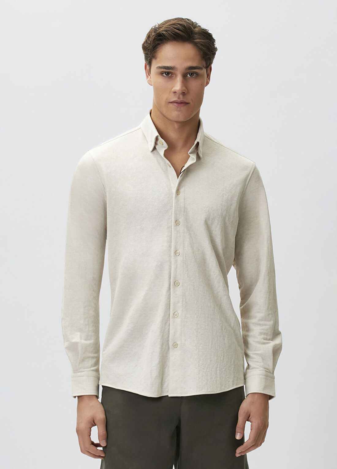 Network Slim Fit Bej Uzun Kol Örme Gömlek görsel 2