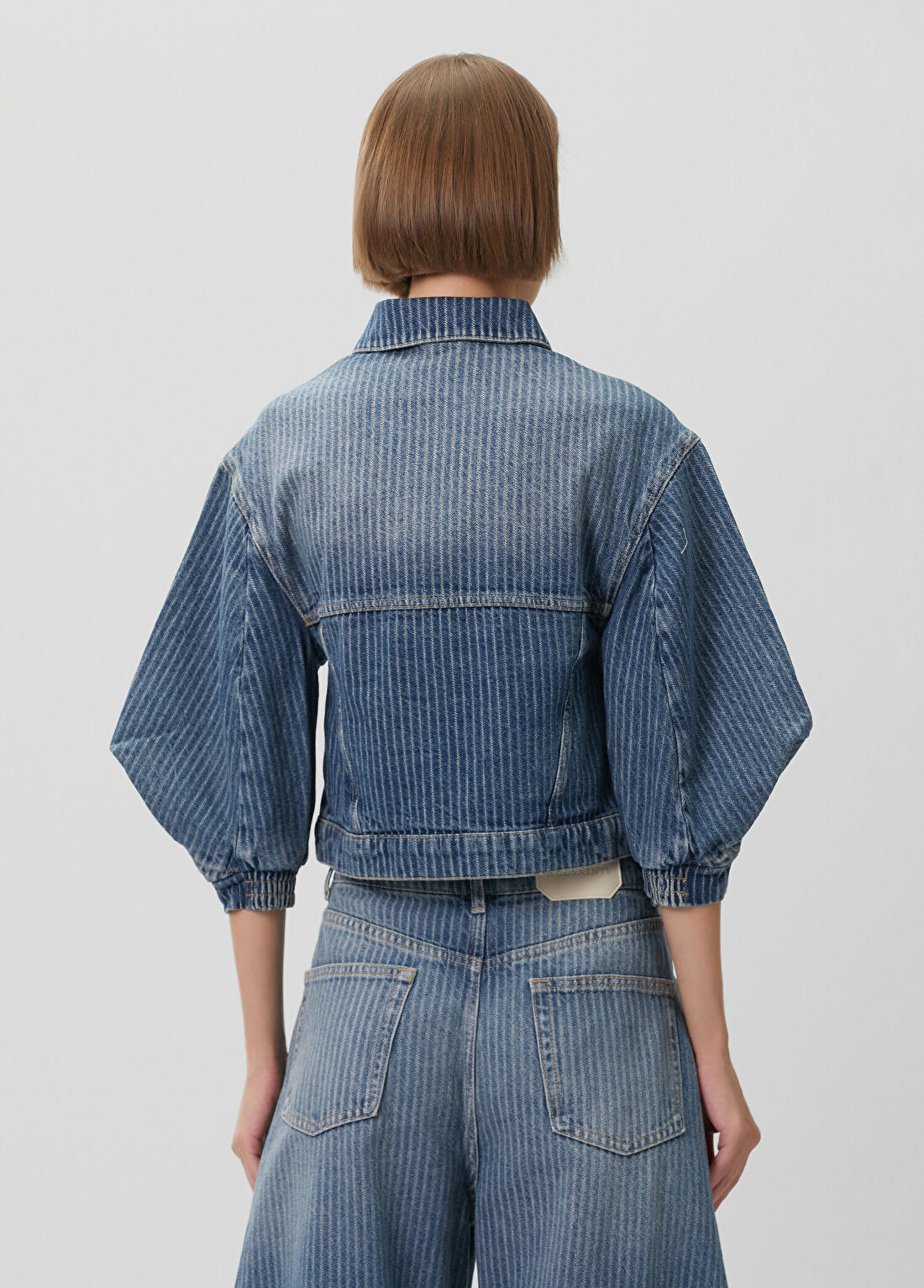 AllSaints Luca Mavi Çizgili Crop Denim Ceket görsel 4