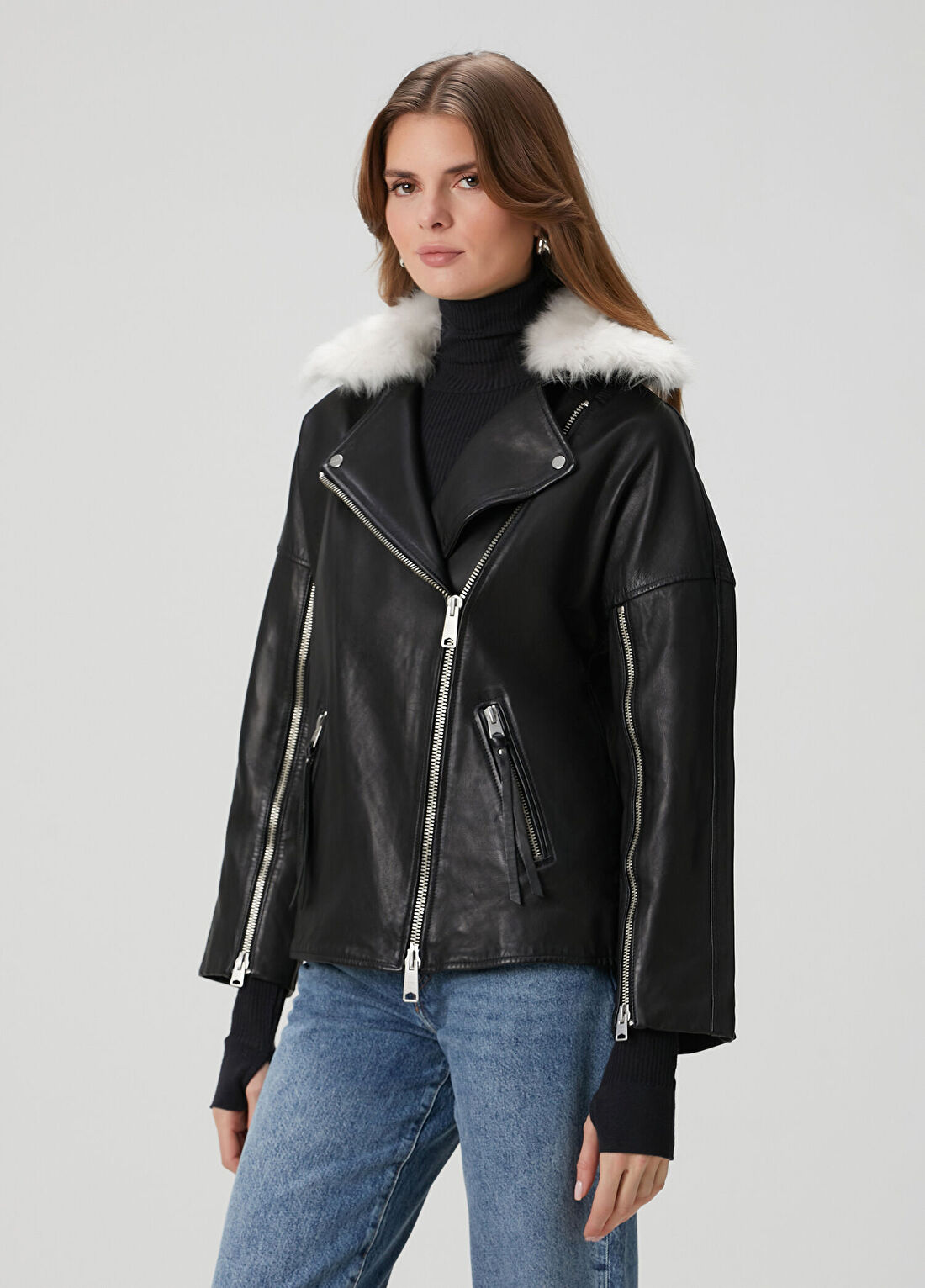 AllSaints Vendra Shearling Detaylı Deri Biker Ceket görsel 3