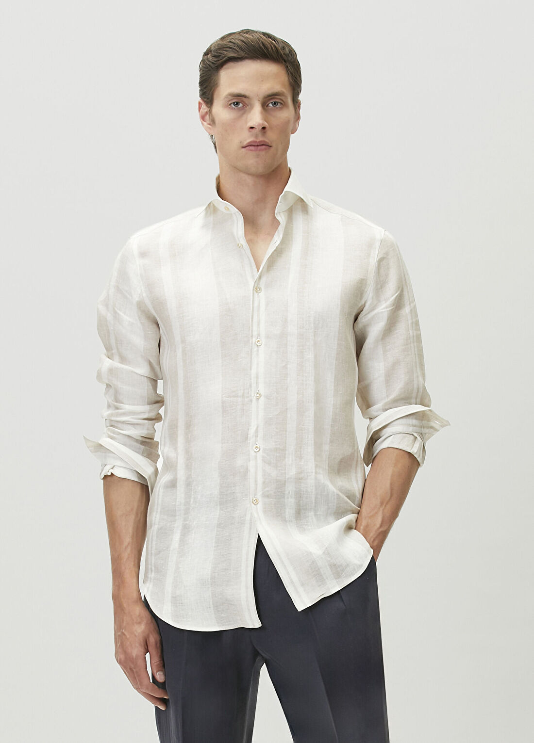 Pal Zileri Bej Çizgi Desenli Keten Gömlek